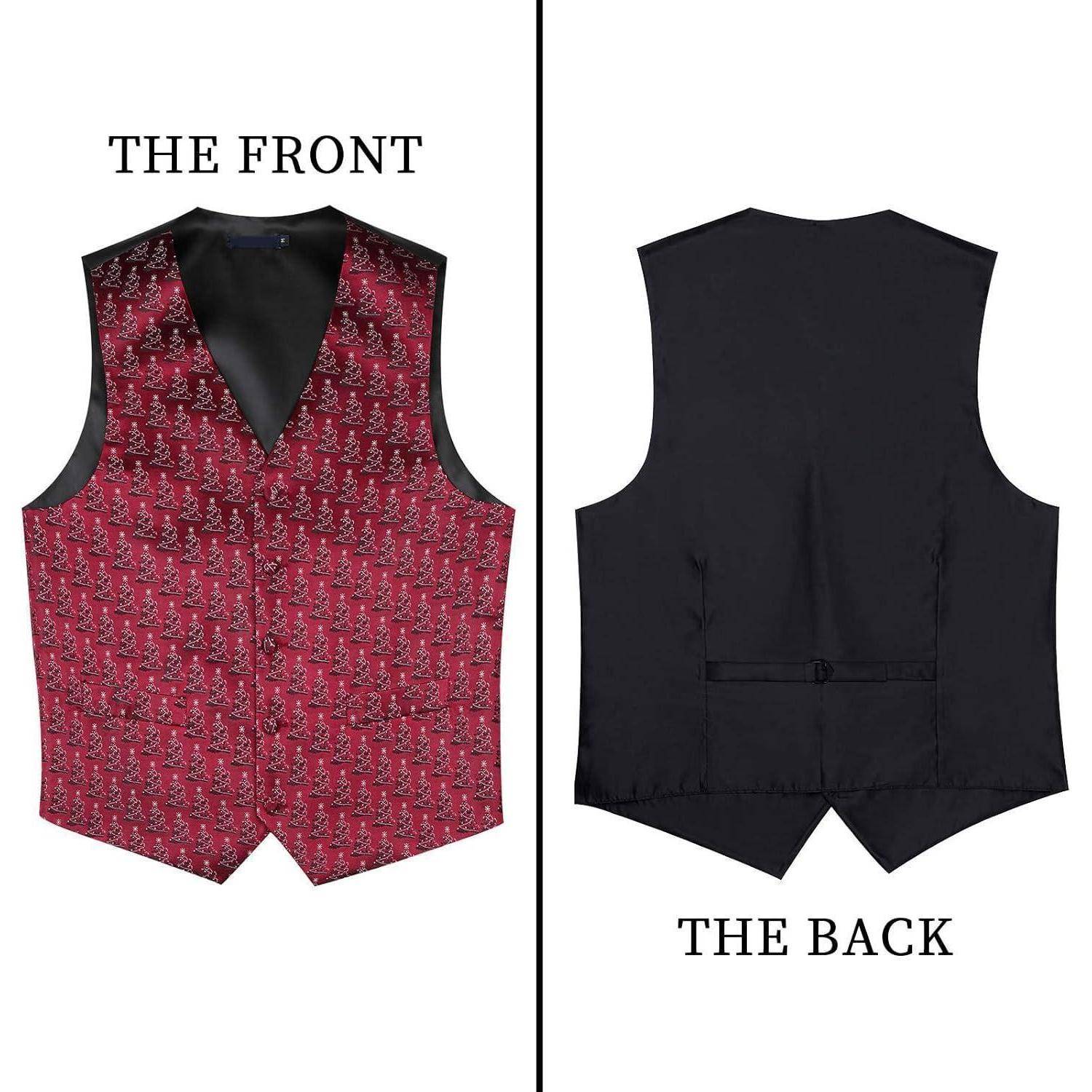 Eine Weste mit Paisleymuster in Bordeauxrot und Schwarz ist zu sehen. Die Frontansicht zeigt das Design, während die Rückseite in Schwarz gehalten ist.