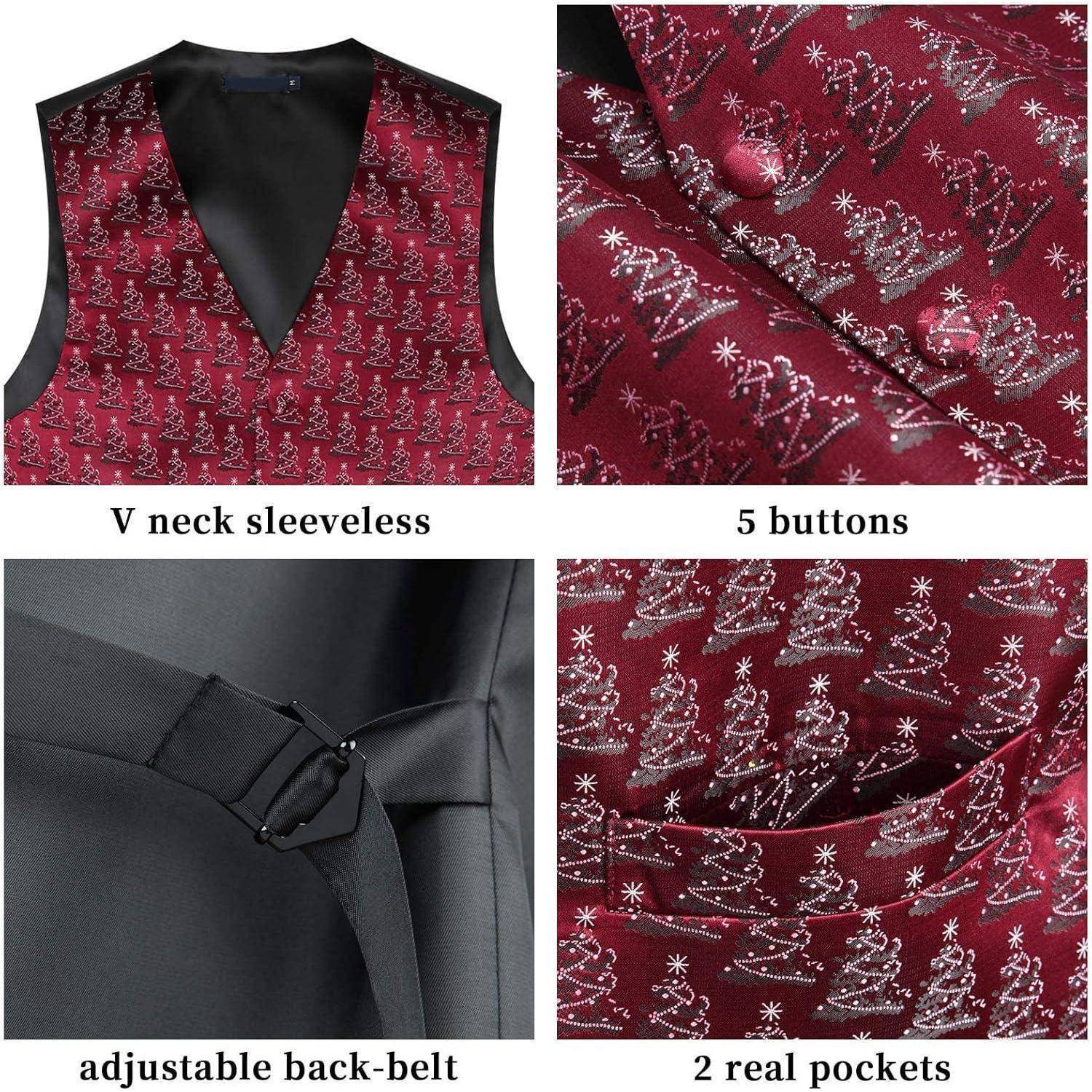 V-Ausschnitt-Weste ohne Ärmel mit 5 Knöpfen, verstellbarem Rückengürtel und 2 echten Taschen. Dunkelrote Stoffmit weißen Baummotiven.