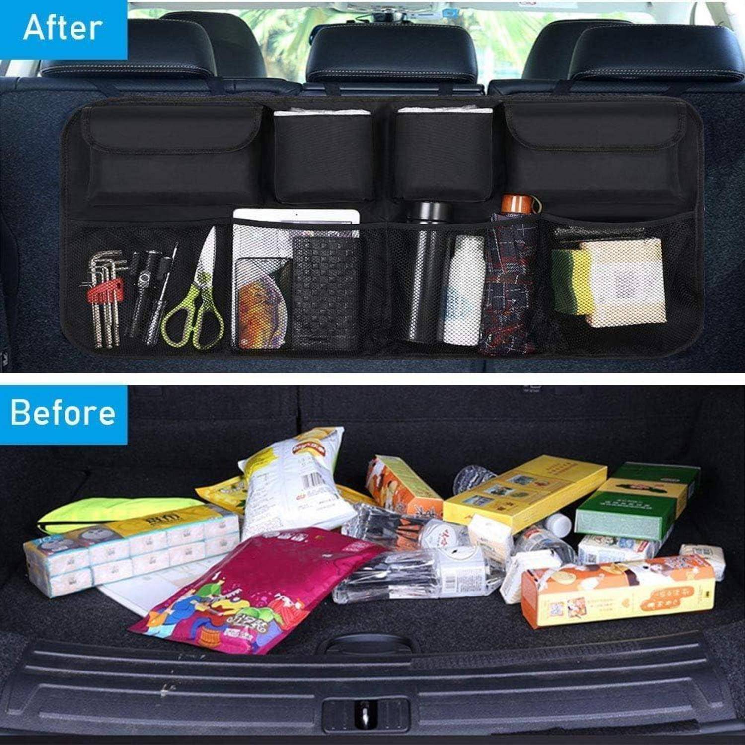 Oberes Bild: Ein aufgeräumter Autokofferraum mit Gegenständen, die ordentlich in einem schwarzen Organizer verstaut sind. Unteres Bild: Ein chaotischer Autokofferraum mit verstreuten Gegenständen.
