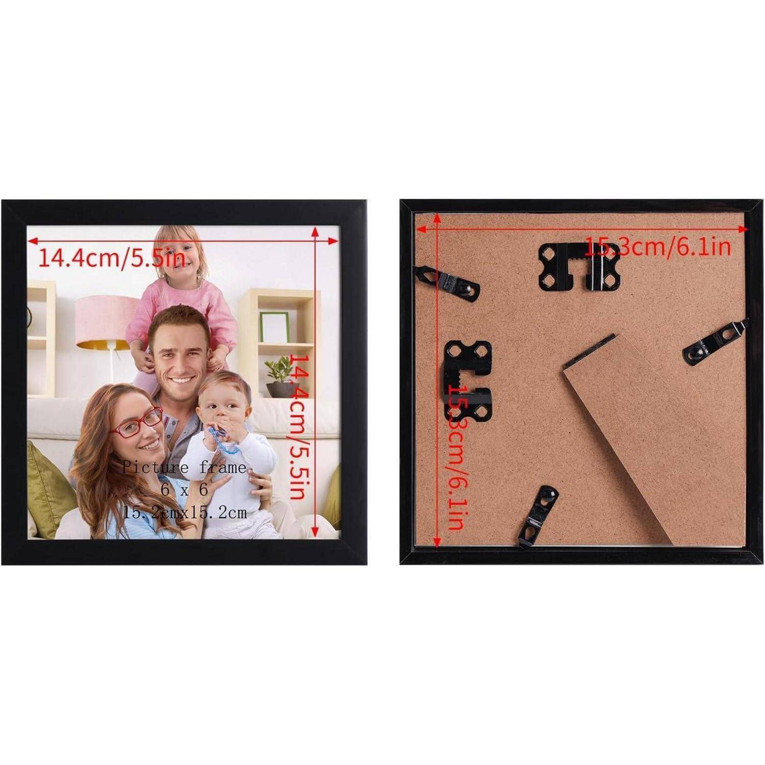 Ein schwarzer, quadratischer Bilderrahmen mit Familienfoto und Maßangaben von 14,4 cm und 5,63 Zoll. Die Rückansicht zeigt Aufhängehaken.