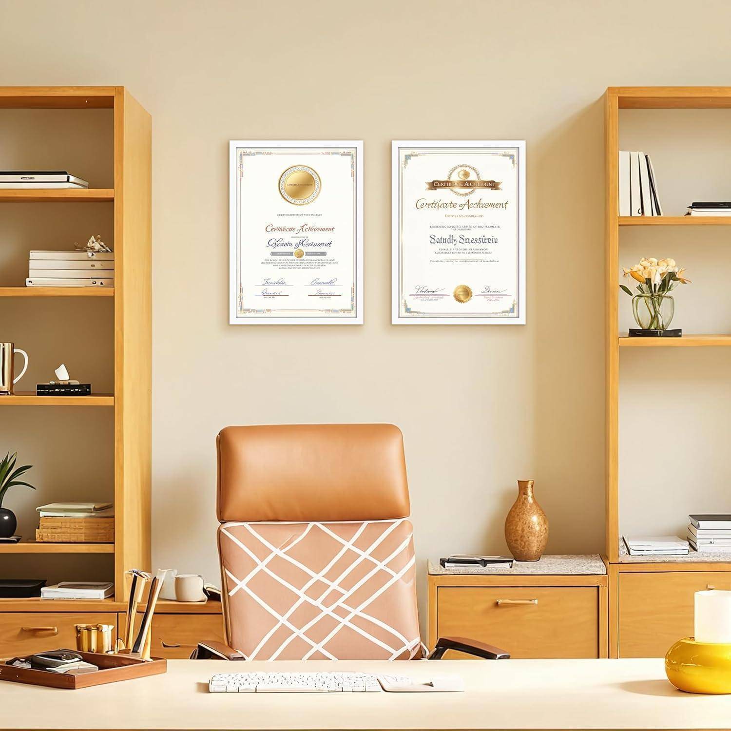 Büro-Interieur mit einem zentralen Ledersessel, einem Holzschreibtisch und Regalen. An der Wand hängen zwei Zertifikate. Auf dem Schreibtisch befinden sich eine Lampe und Bücher.