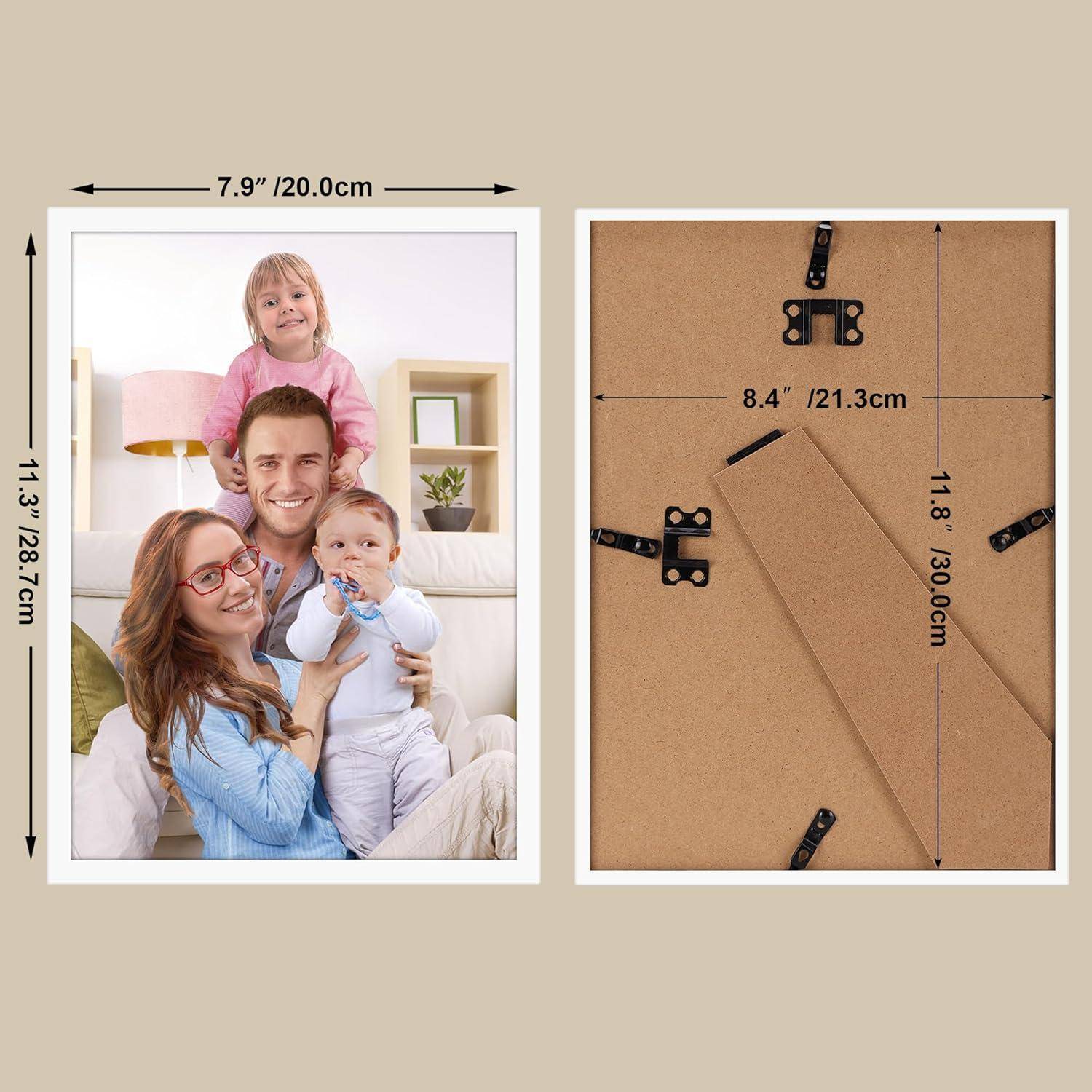 Bilderrahmen-Abmessungen: 7,9 x 11,3 Zoll Frontansicht mit Familienfoto; 8,4 x 11,8 Zoll Rückansicht mit Wandbefestigungen.