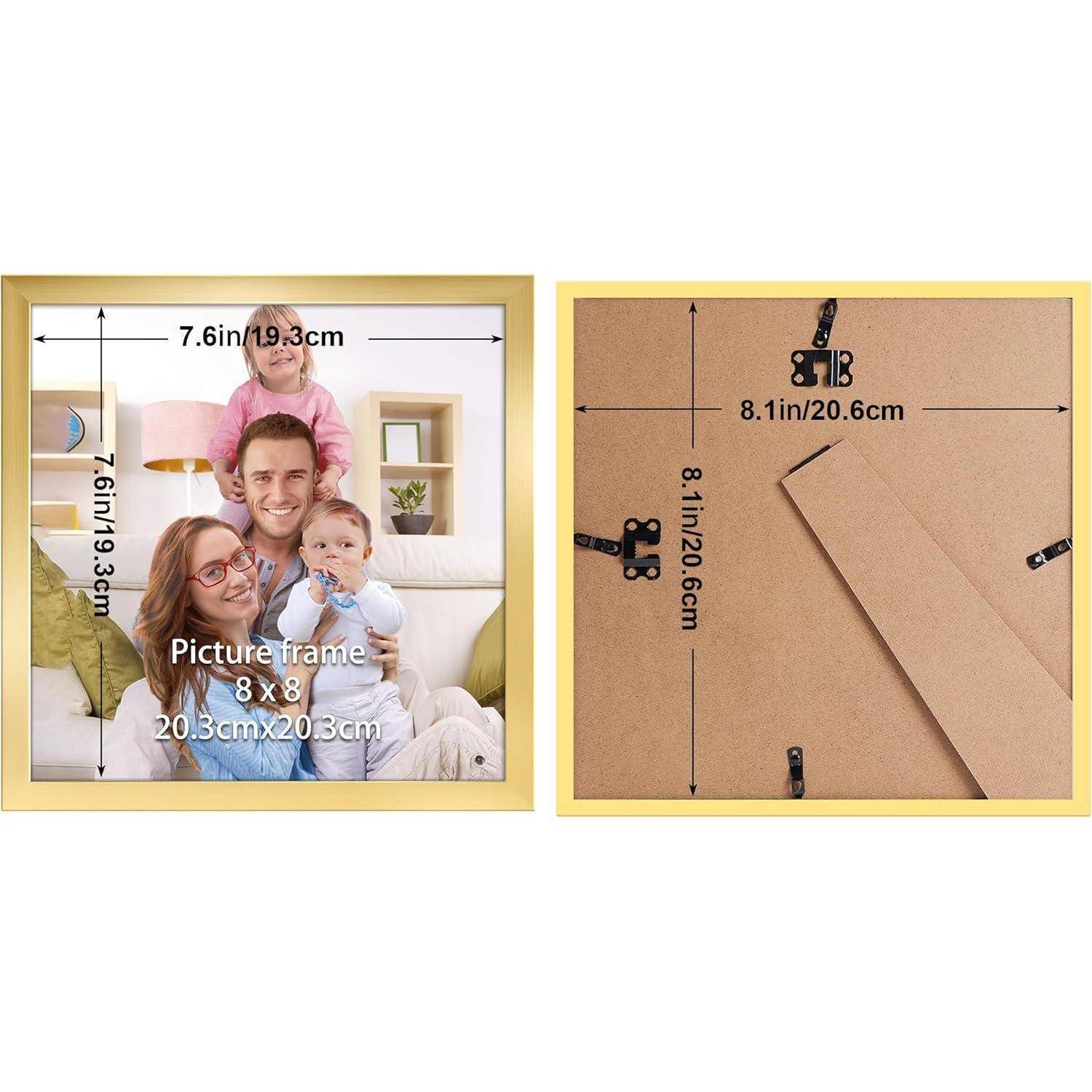 Das Bild zeigt einen Bilderrahmen von vorne und hinten. Die Vorderseite zeigt ein Familienfoto; die Rückseite verfügt über Aufhängehardware und Größenangaben: 8x8 Zoll.