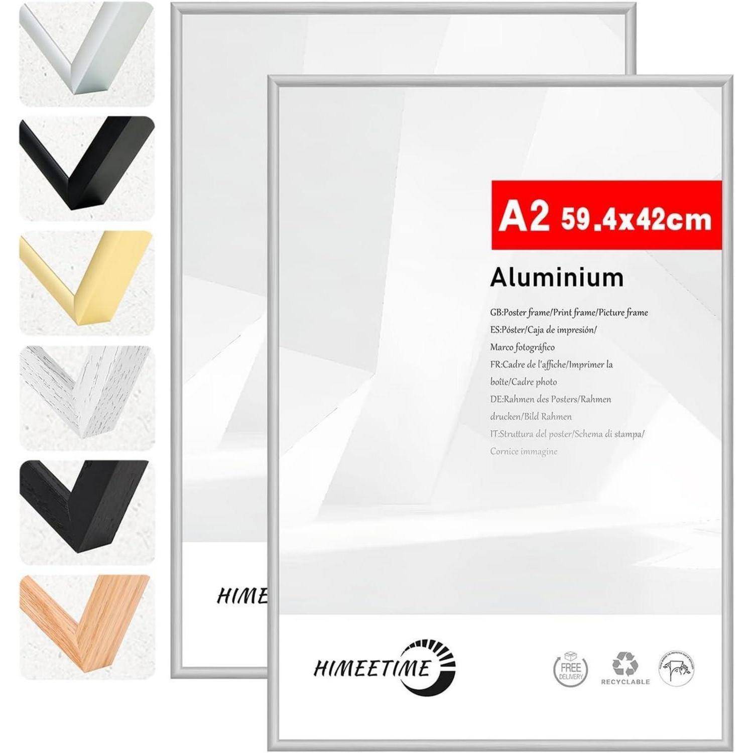 Zwei Aluminium-Bilderrahmen, A2-Größe 59,4x42 cm. Musterfarben der Rahmen links: weiß, gold, Marmor, schwarz, Holz.
