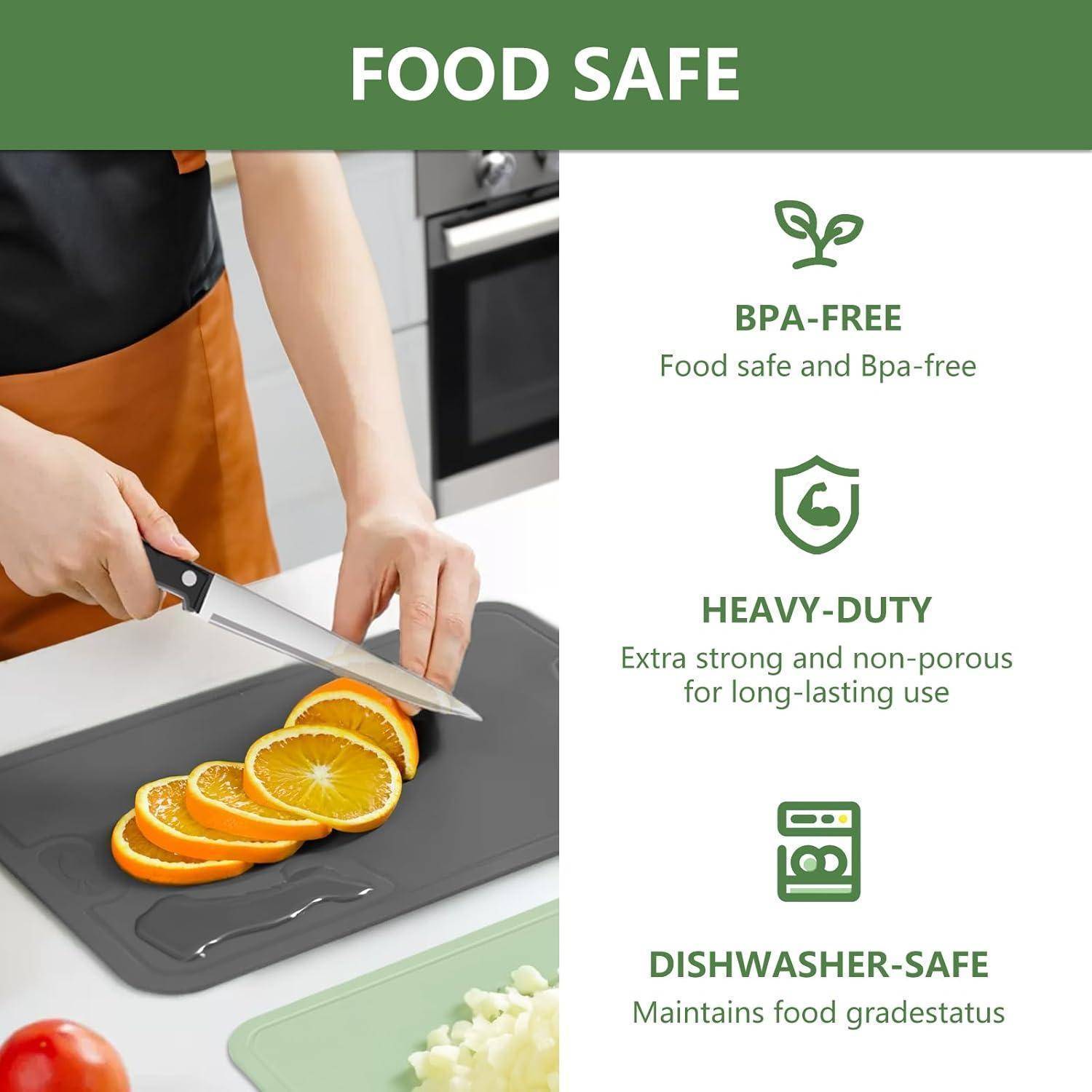 Das 'Food Safe'-Etikett zeigt eine Person, die Orangen schneidet. Merkmale: BPA-frei, robust, undurchlässig, spülmaschinenfest.