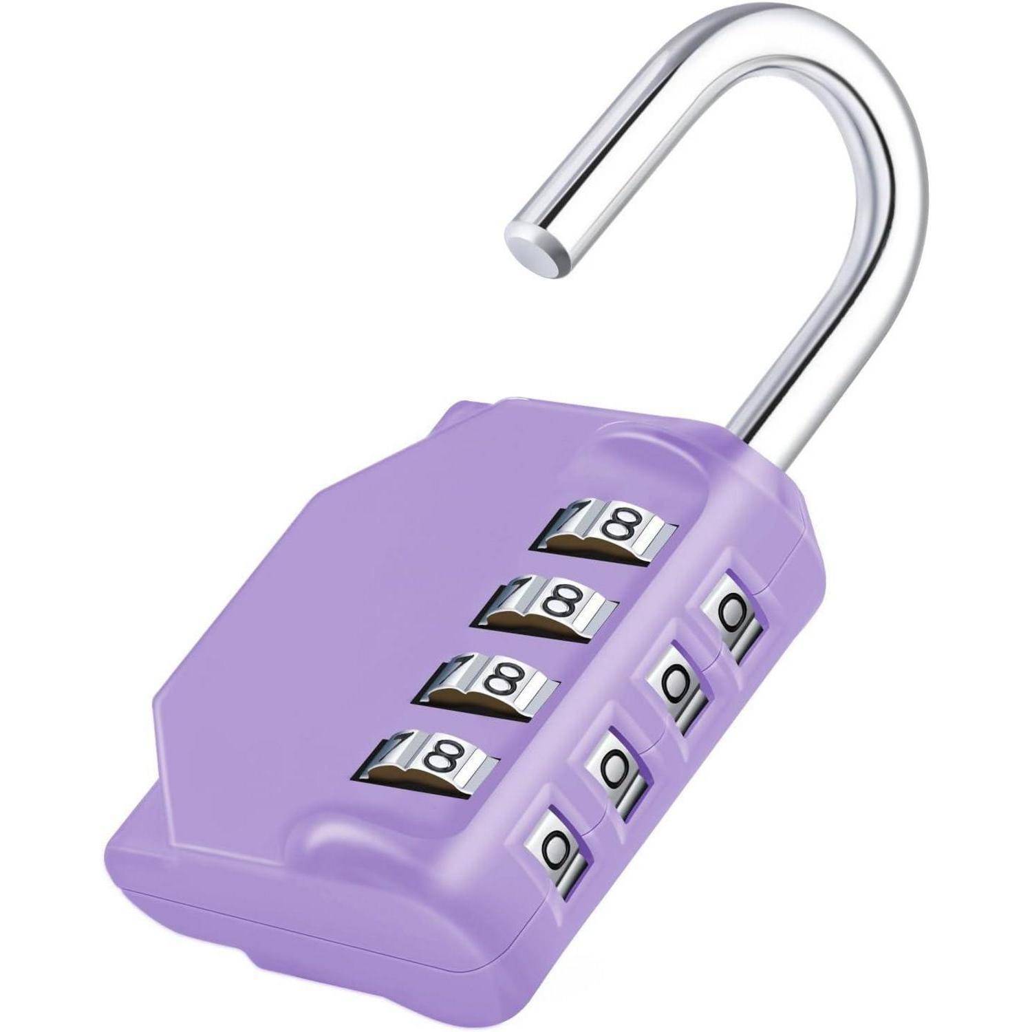 Ein violetter Zahlenschloss mit geöffnetem Bügel, dessen Zifferblätter auf '8888' eingestellt sind.