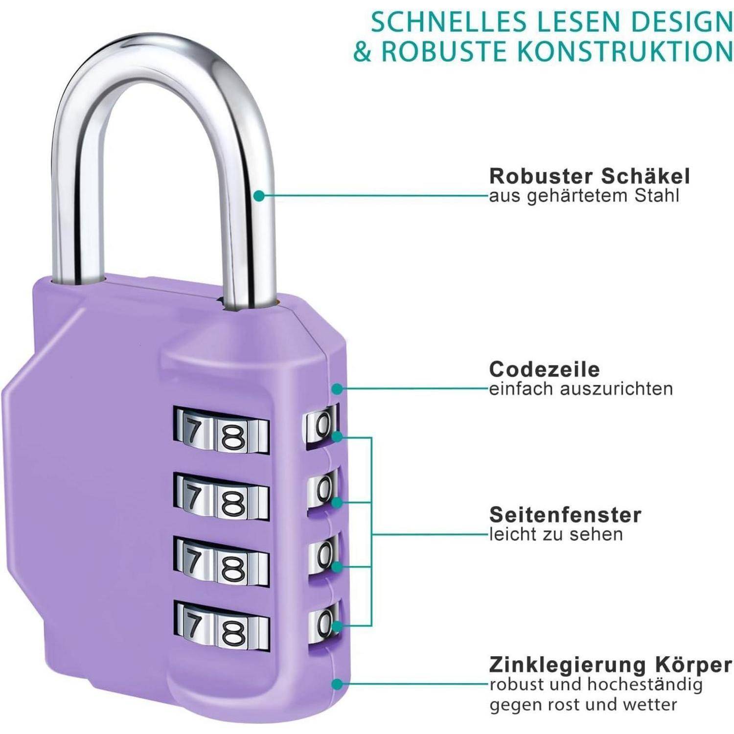 Ein violetter Kombinationsvorhängeschloss mit einem robusten Stahlbügel, einer leicht ablesbaren Zahlenkombination, sichtbaren Seitenfenstern und einem wetterfesten Gehäuse.