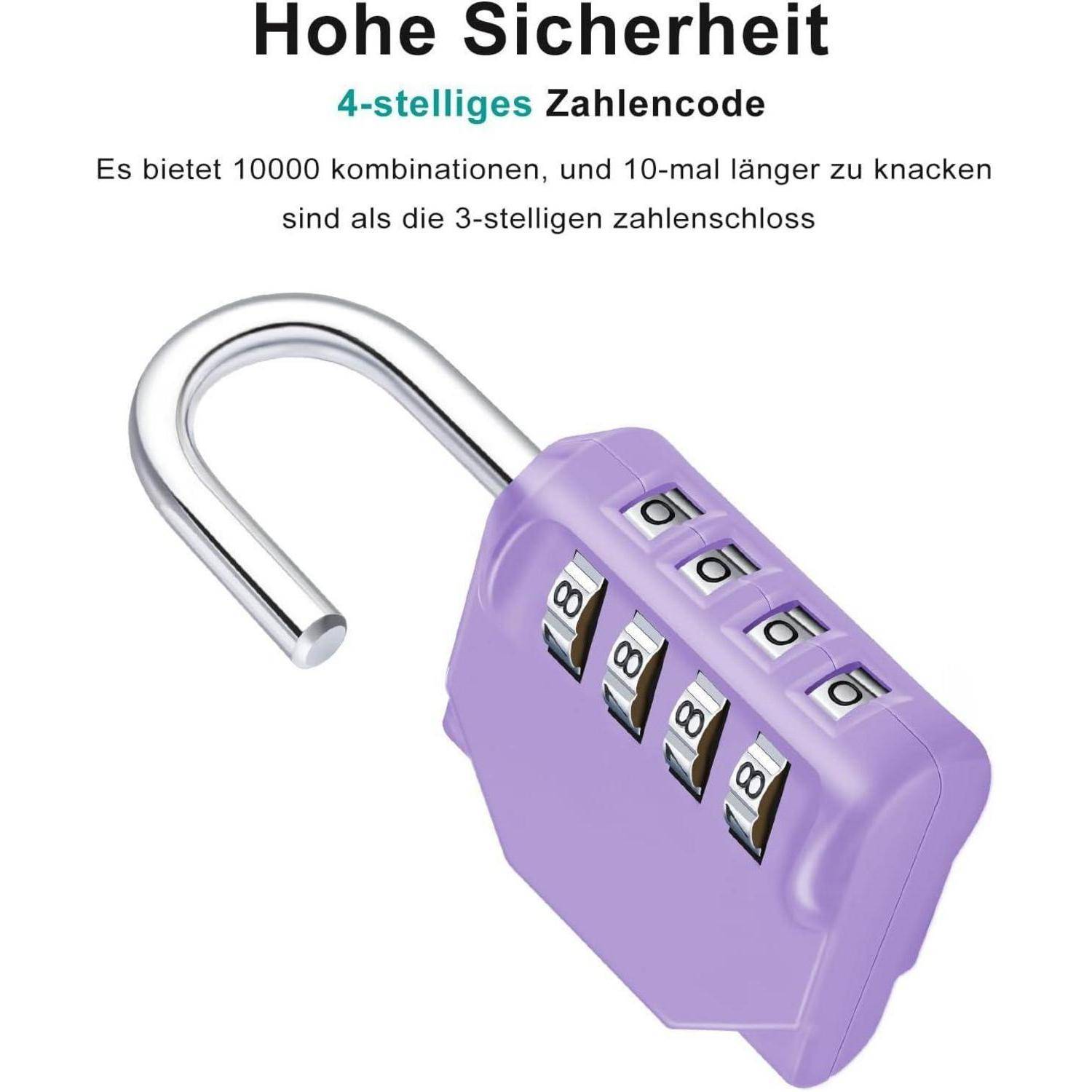 Ein lila Vorhängeschloss mit einer Vier-Ziffern-Kombination zeigt '0-0-0-8'. Der Text hebt hervor, dass es eine hohe Sicherheit mit 10.000 möglichen Kombinationen bietet.
