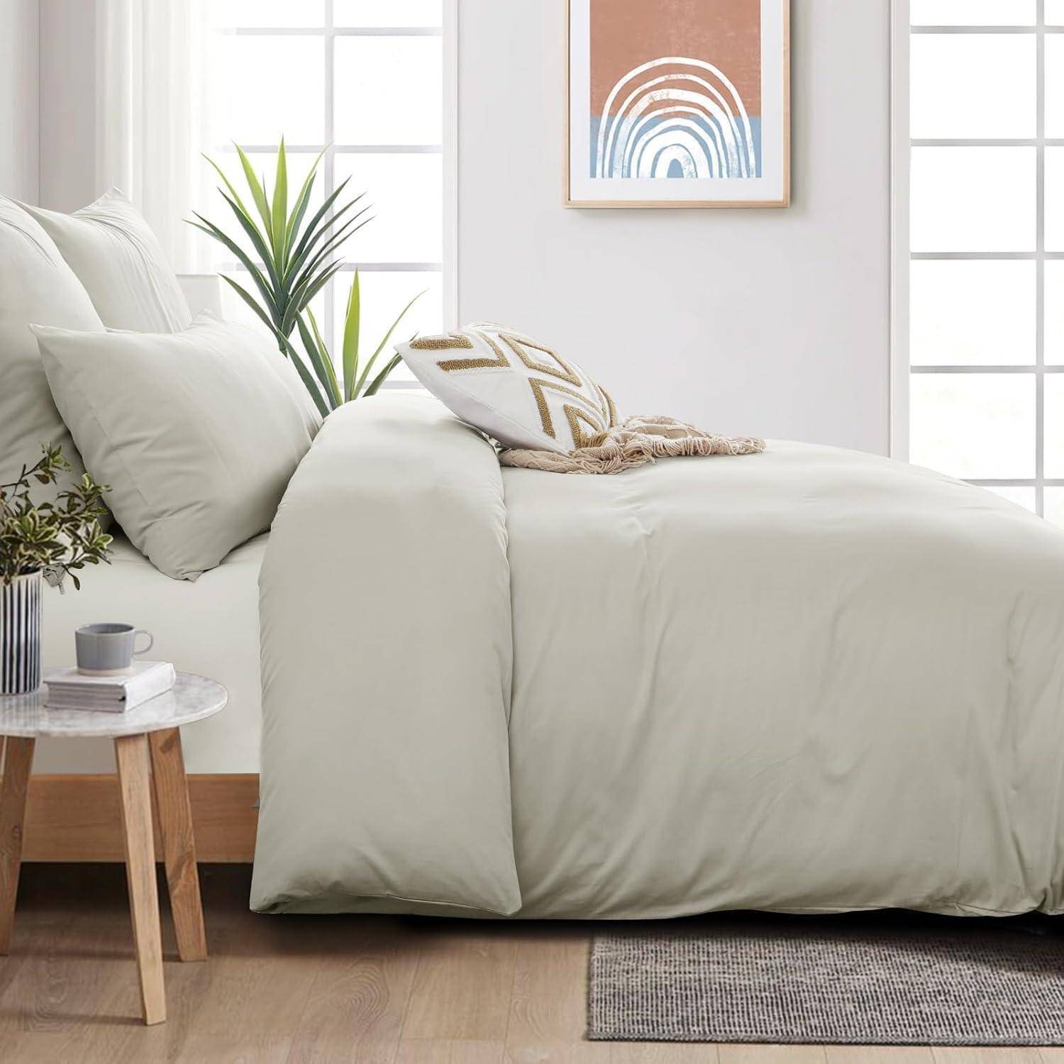 Ein ordentlich gemachtes Bett mit weißer Bettwäsche, einem gestreiften Kissen, einem kleinen Holznachttisch mit einer Tasse und einer Pflanze. Ein gerahmtes abstraktes Kunstwerk hängt an der Wand.