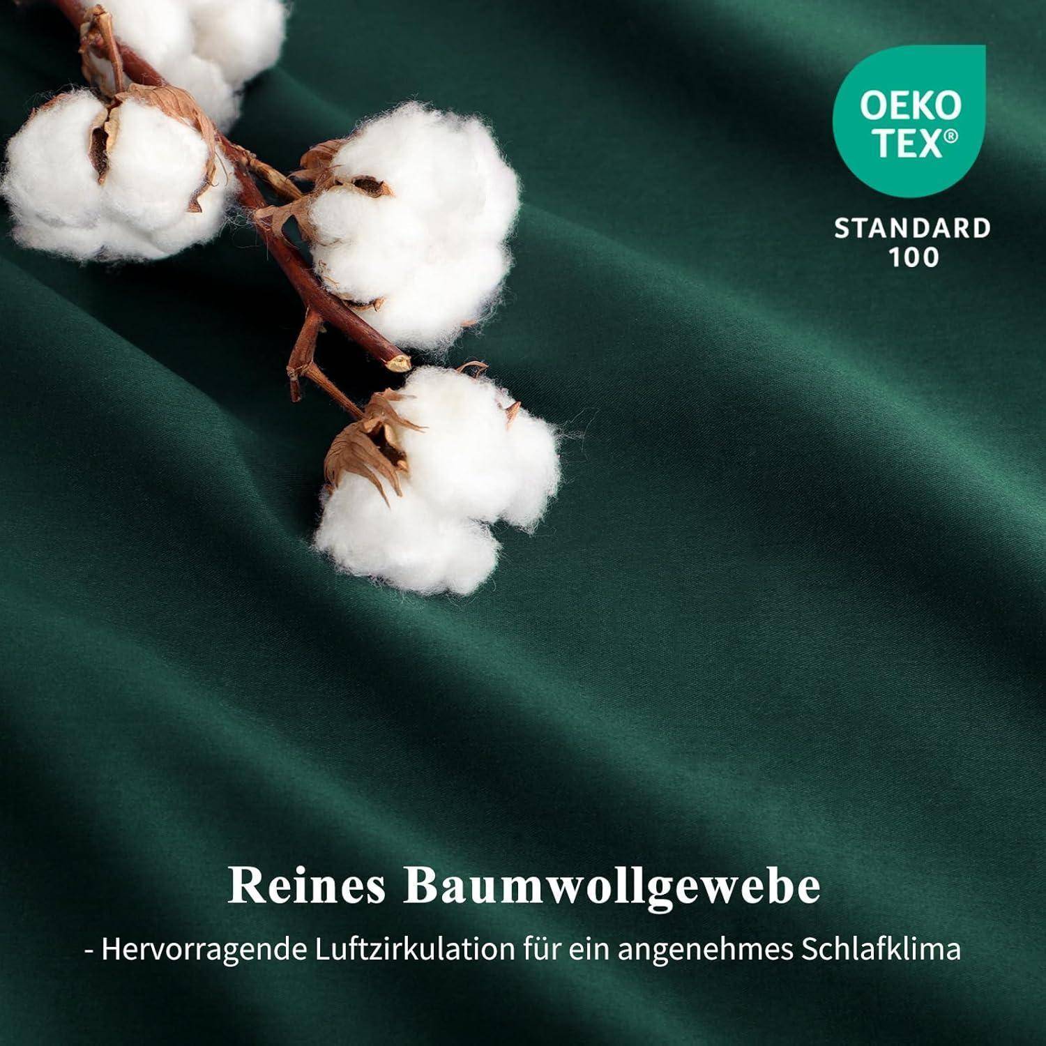 Ein Baumwollzweig auf grünem Stoff mit Text 'Reines Baumwollgewebe' und 'Hervorragende Luftzirkulation für ein angenehmes Schlafklima', OEKO-TEX STANDARD 100 Logo.