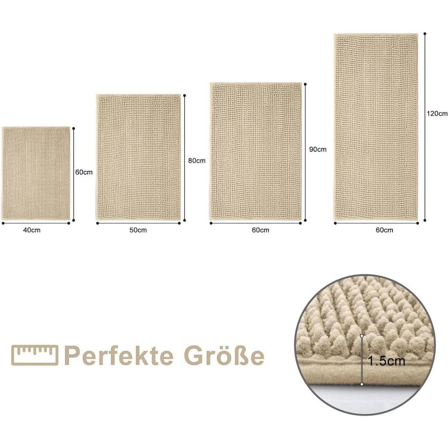 Vier beige rechteckige Teppiche in verschiedenen Größen: 40x60cm, 50x80cm, 60x90cm und 60x120cm. Nahaufnahme zeigt eine 1,5 cm dicke Textur.