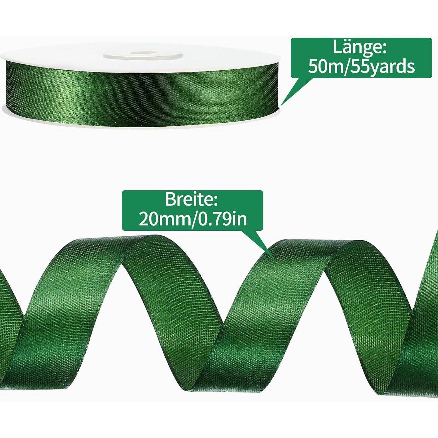 Grüne Bandrolle, Länge '50m/55yards', Breite '20mm/0,79in', in einer spiralförmigen Darstellung gezeigt.