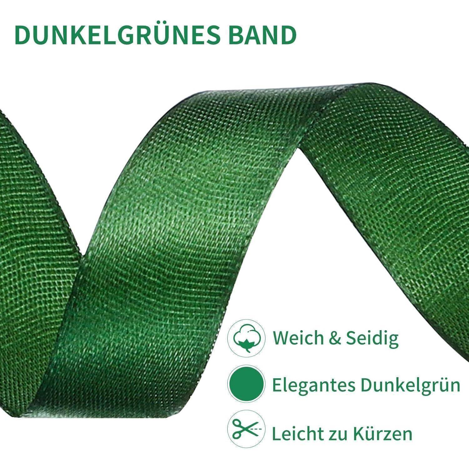 Ein dunkelgrünes Band wurde präsentiert, beschriftet mit 'DUNKELGRÜNES BAND'. Der Text beschreibt es als weich, seidig, elegant und leicht zu wickeln.