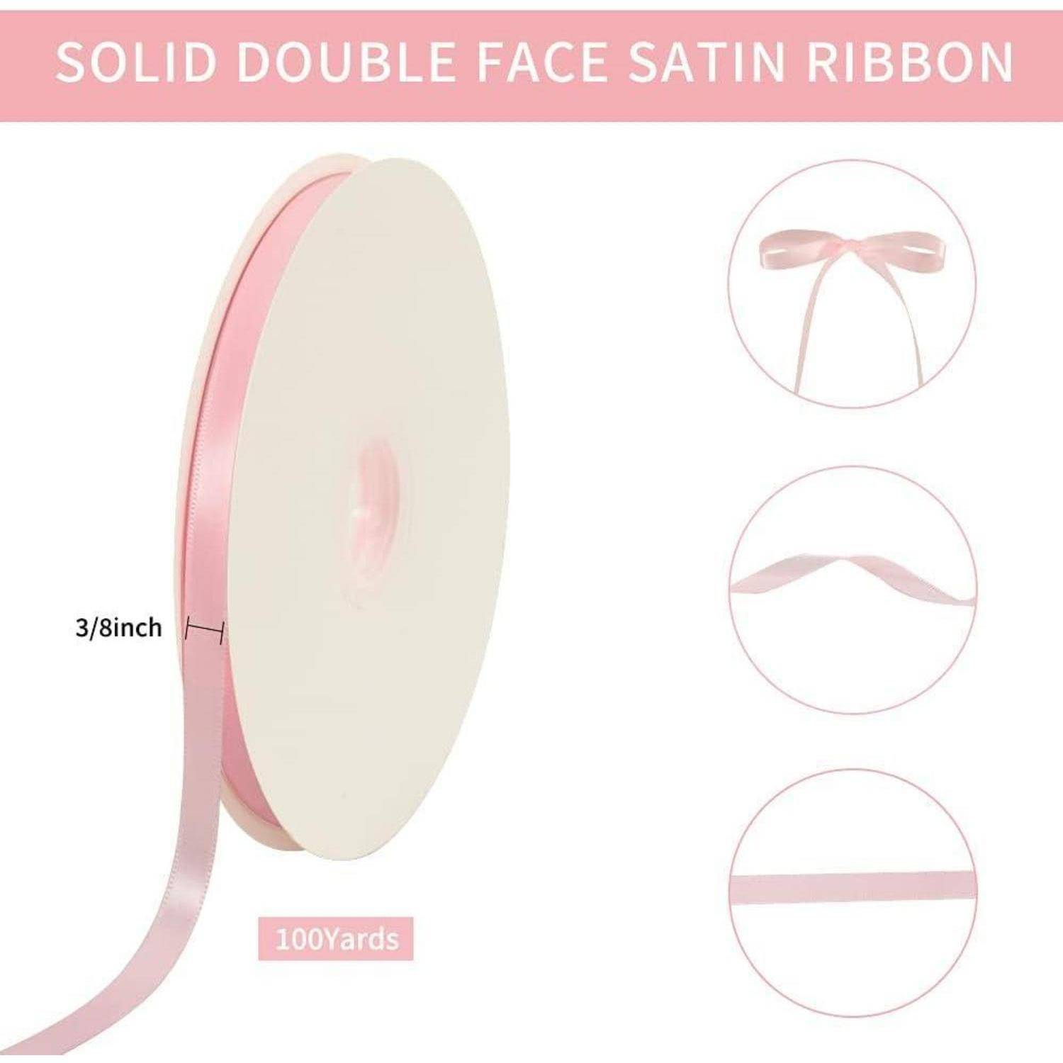 Eine Spule Satinband aus Vollmaterial, zweiseitig glänzend in pink, misst 3/8 Zoll in der Breite und ist 100 Yards lang. Die Bilder zeigen eine Schleife, einen Knoten und ein flaches Band.