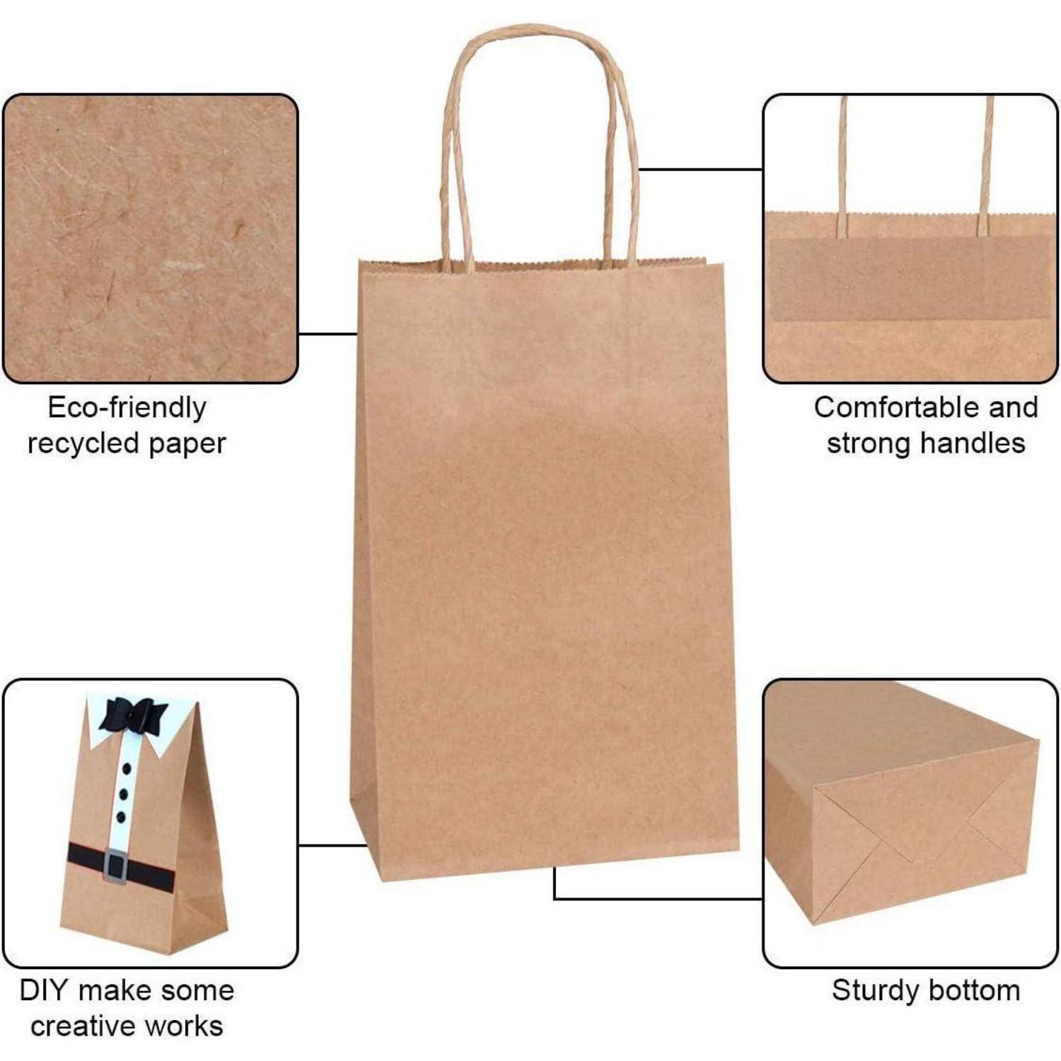 Braune Geschenktüte mit beschrifteten Merkmalen: 'Umweltfreundliches recyceltes Papier', 'Komfortable und starke Griffe', 'Stabiler Boden', 'DIY - Lass deiner Kreativität freien Lauf