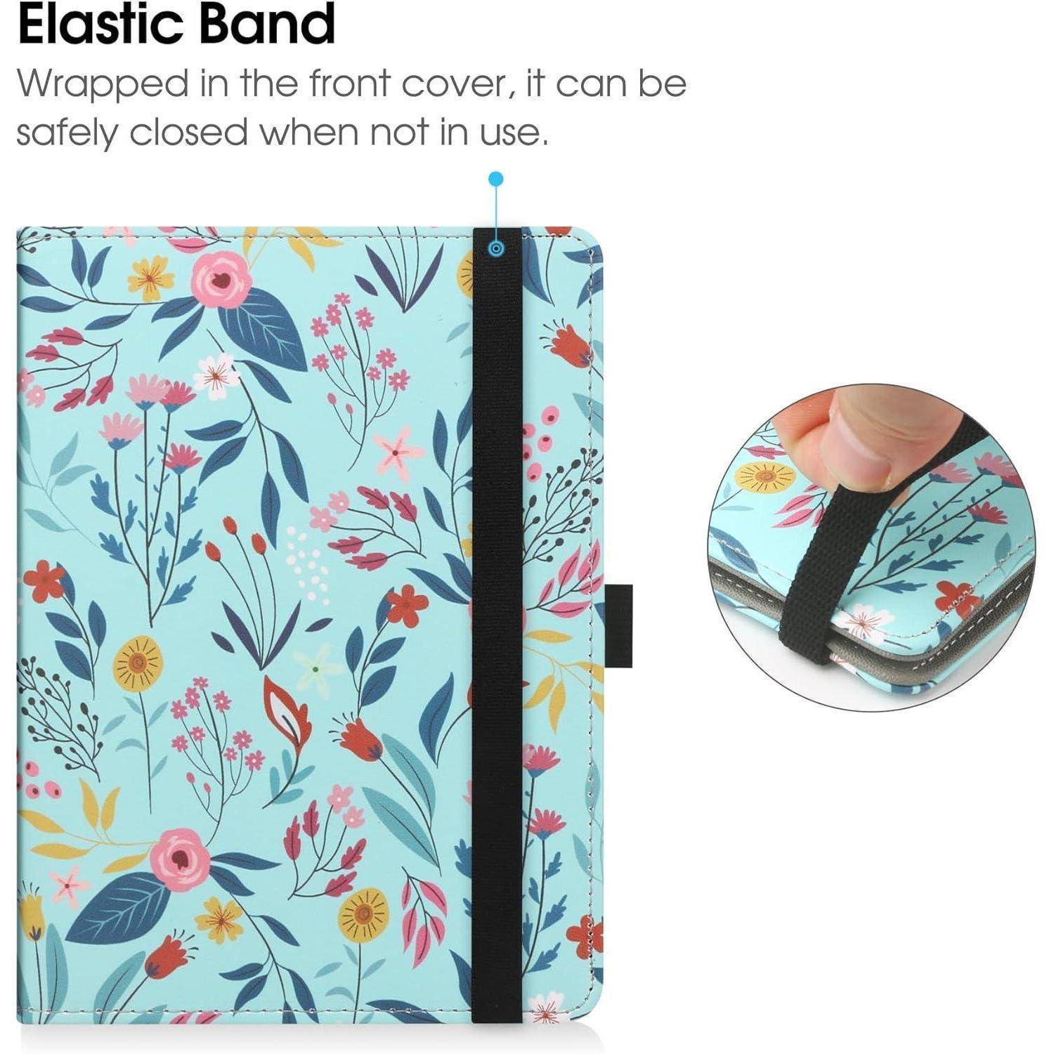 Notizbuch mit Blumenmuster und elastischem Band zur sicheren Schließung. Eingesetztes Bild zeigt eine Hand, die das Band verwendet. Hintergrundtext lautet „Elastisches Band