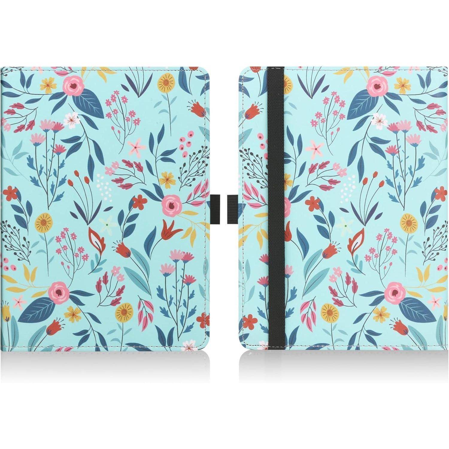 Eine Tablethülle mit einem farbenfrohen Blumenmuster, das rosa, gelbe und blaue Blumen auf einem hellblauen Hintergrund zeigt, dargestellt in geöffnetem und geschlossenem Zustand.