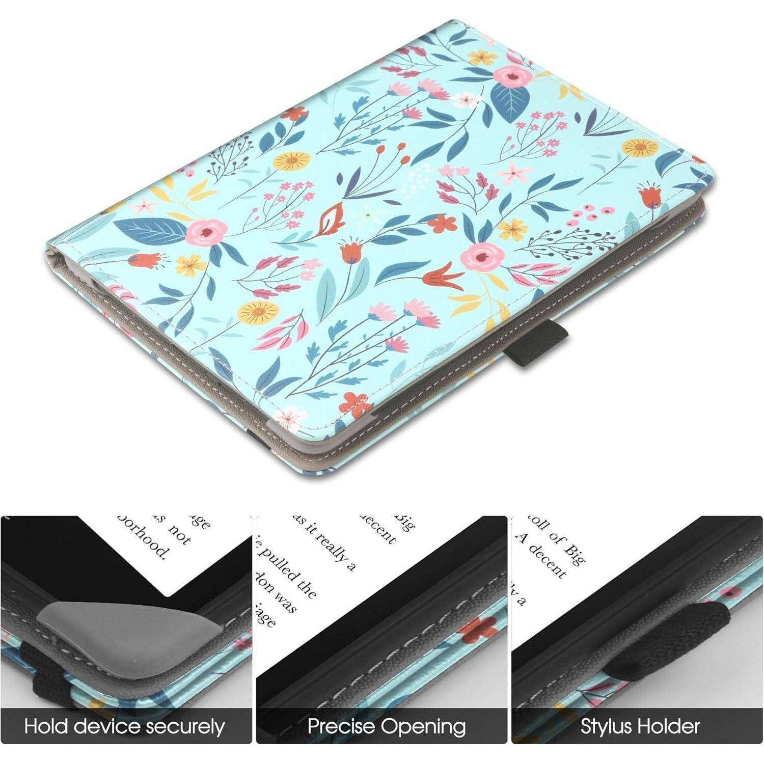 Eine Tablet-Hülle mit Blumenmuster mit den Merkmalen 'Gerät sicher halten', 'Präzise Öffnung' und 'Griffelhalter'.