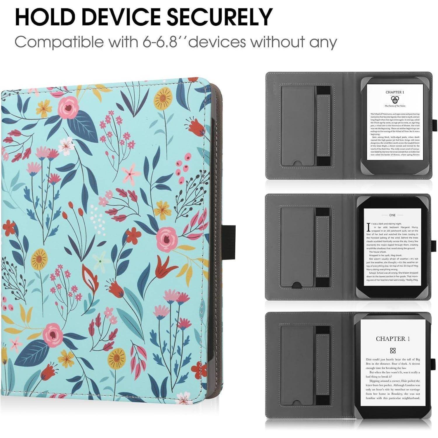 Florale Kindle-Hülle für Geräte von 6-6,8 Zoll, sichert E-Reader. Offene Ansicht zeigt Riemen und E-Reader mit Text, geschlossene Ansicht hebt Blumendesign hervor.
