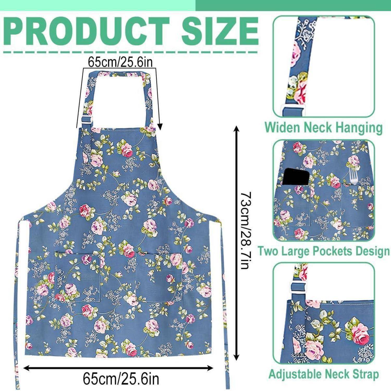 Schürzen-Größenführer: 65 cm breit, 73 cm lang. Merkmale umfassen breite Halteöse, zwei große Taschen und verstellbaren Nackengurt. Blumenmuster.