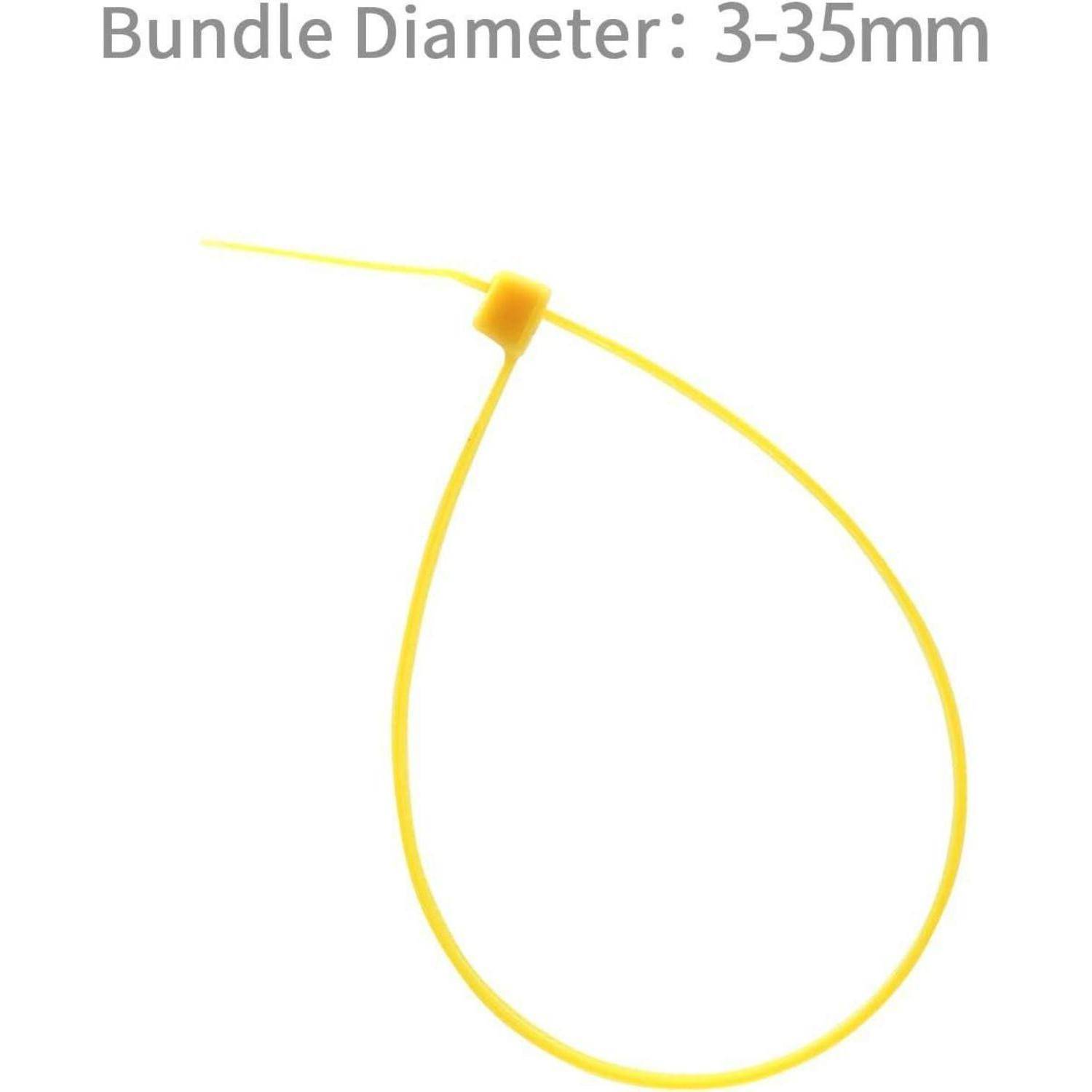Eine gelbe Kabelbinder mit einem Verschlussmechanismus, geeignet für Bündelduchmesser von 3 bis 35 mm, wird vor einem weißen Hintergrund präsentiert.