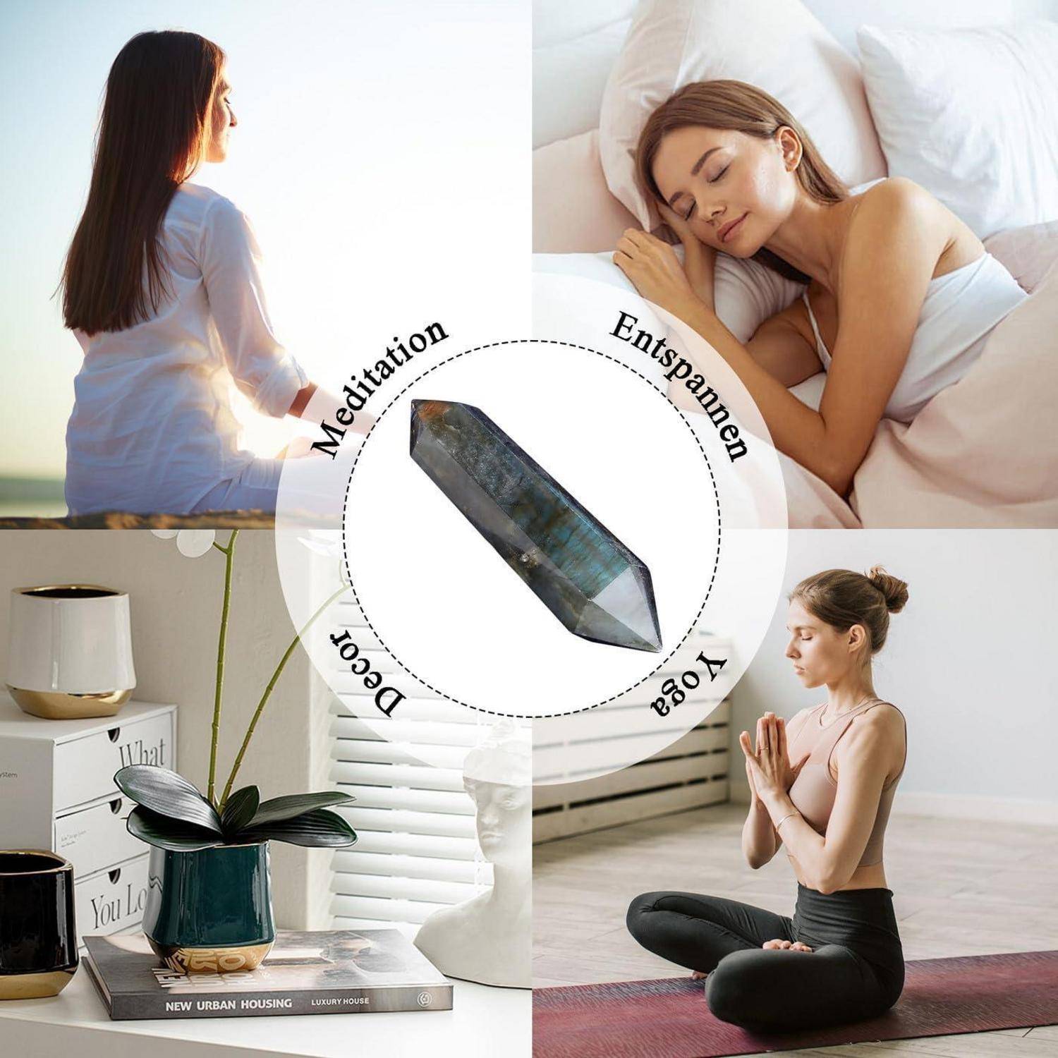 Eine Collage zeigt eine Frau, die draußen meditiert, eine Frau, die schläft, eine Frau, die drinnen Yoga macht, und dekorative Töpfe. Ein Kristall befindet sich in der Mitte.