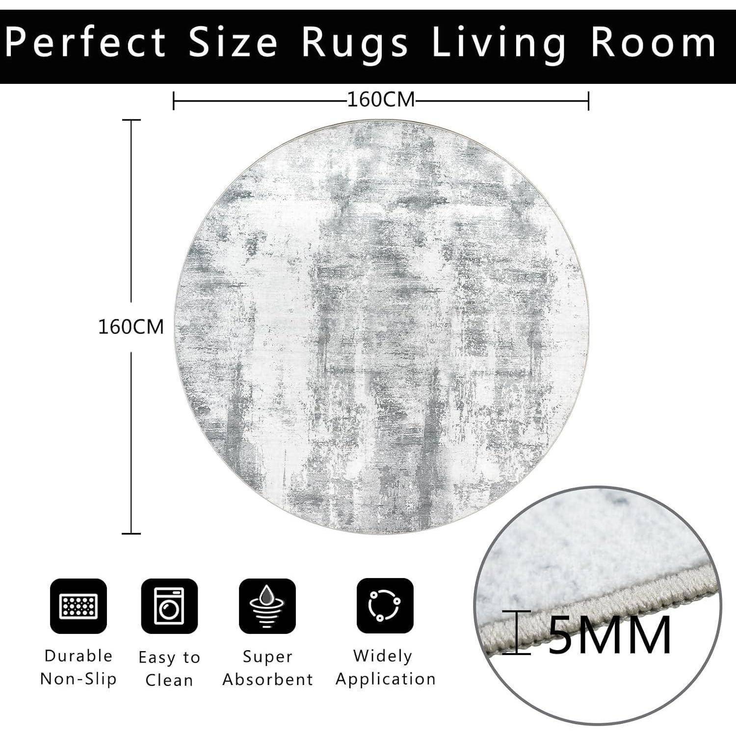 Runder, grauer strukturierter Teppich mit Aufschrift 'Perfect Size Rugs Living Room'. Größe: 160 cm Durchmesser, Dicke 5 mm. Symbole zeigen: strapazierfähig, rutschfest, leicht zu reinigen, absorbierend, vielseitig.