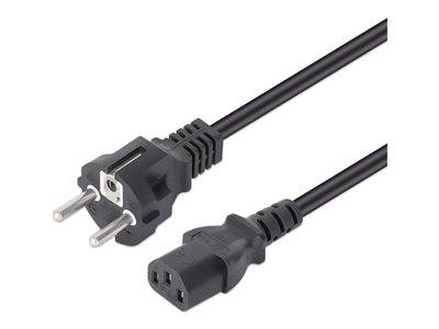 Ein schwarzes Netzkabel mit einem europäischen Stecker auf der einen Seite und einem IEC-Anschluss auf der anderen Seite, das zum Anschließen von Geräten an Stromnetzsteckdosen verwendet wird.
