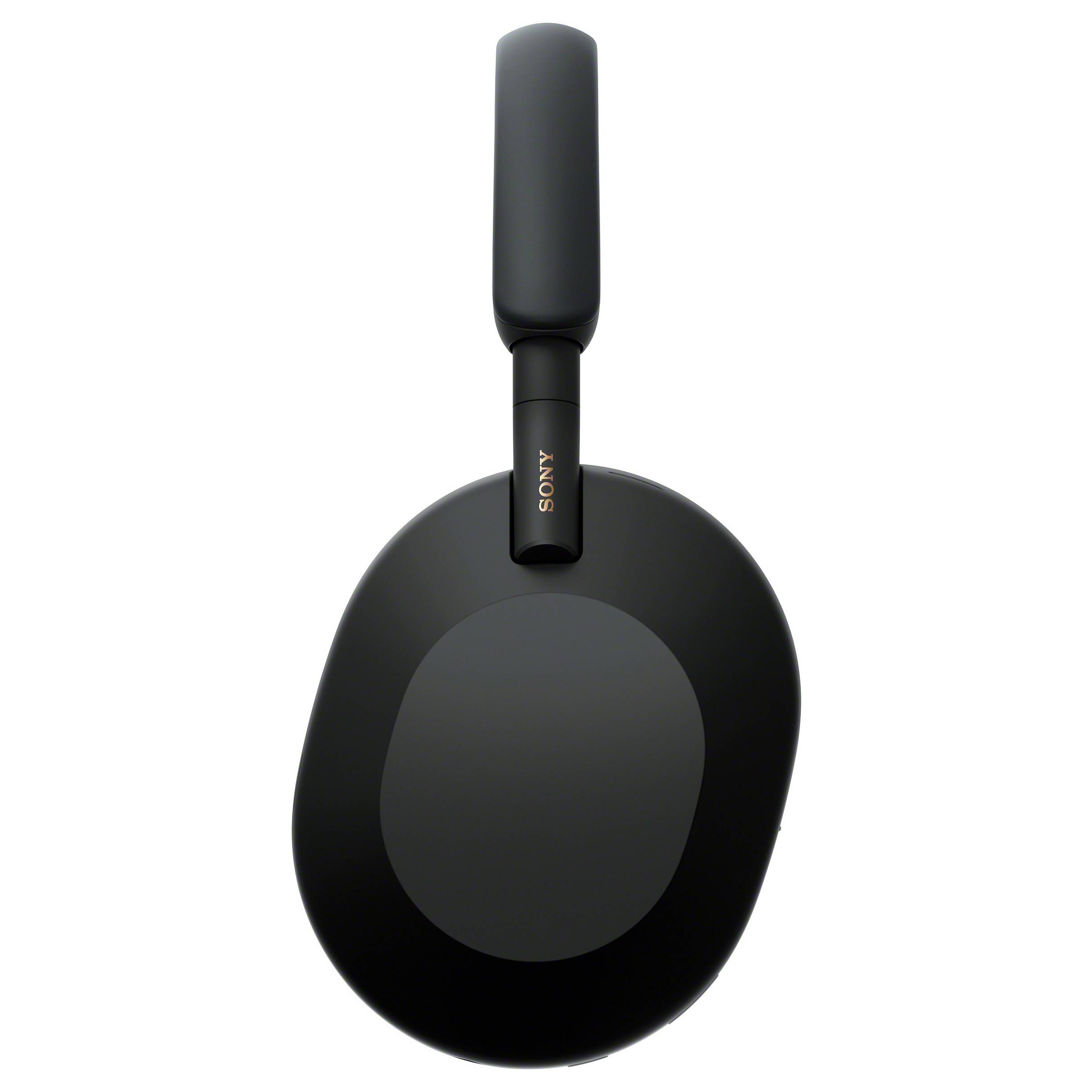 Schwarze Over-Ear-Kopfhörer auf weißem Hintergrund, zeigen eine Ohrmuschel und den Kopfbügel.