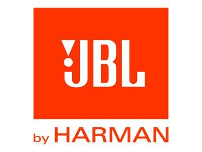 Logo von 'JBL by Harman' in fett gedruckten weißen Buchstaben auf rotem Hintergrund mit Ausrufezeichensymbol.