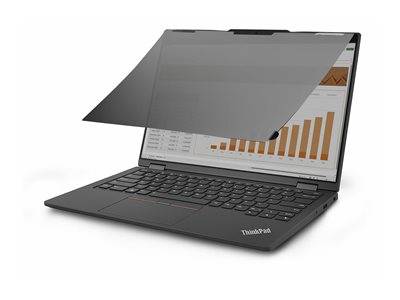Ein Laptop, auf dessen Bildschirm ein Balkendiagramm mit von links nach rechts ansteigenden Balken zu sehen ist, teilweise verdeckt durch einen Sichtschutzfilter.