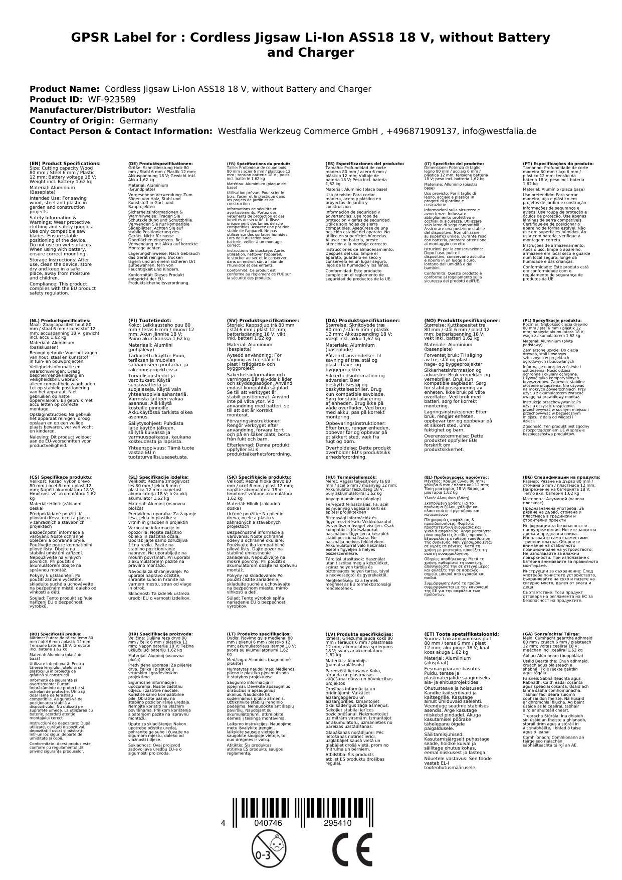 Akku Stichsäge Li-Ion ASS18 18 V, ohne Akku und Ladegerät