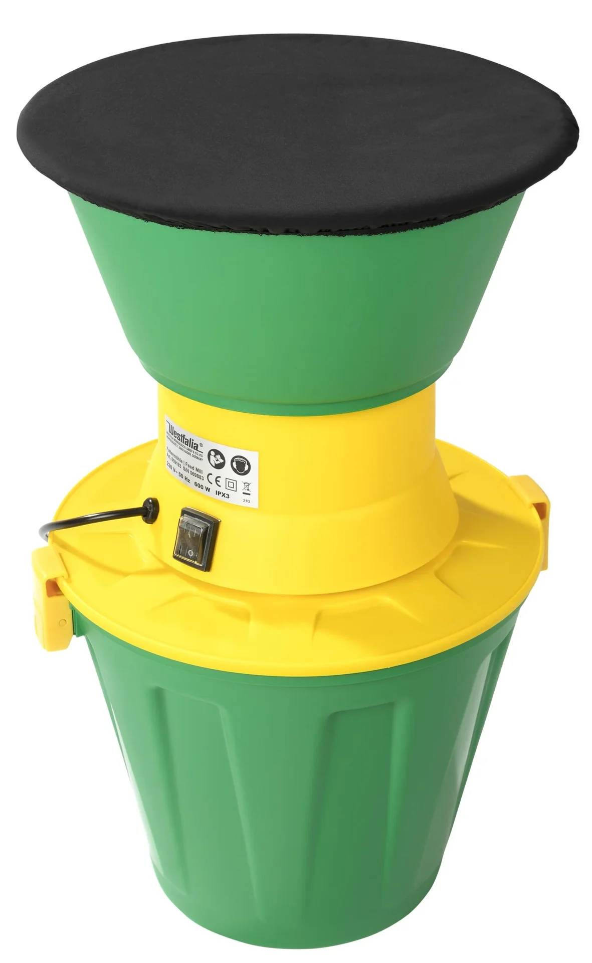 Grüner und gelber Gartenhäcksler mit schwarzem Deckel, auf der Vorderseite mit Sicherheits- und Konformitätssymbolen gekennzeichnet, mit Einschalter versehen.