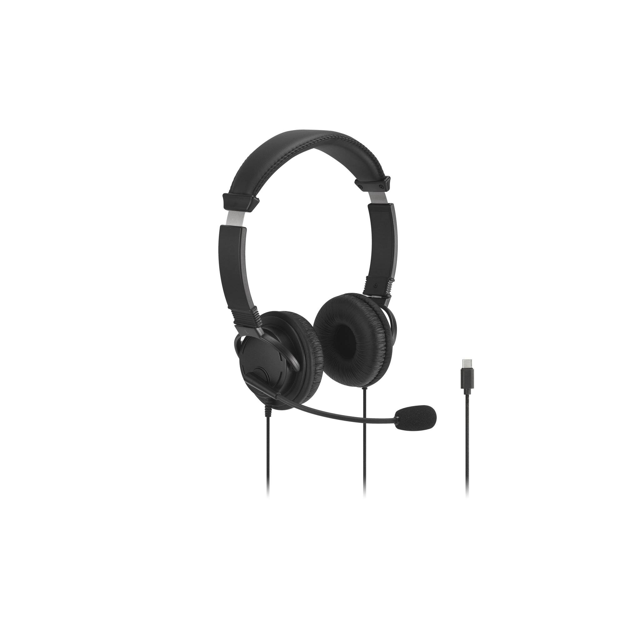 Schwarzes Over-Ear-Kopfhörer-Headset mit Kabel, verstellbarem Kopfbügel, integriertem Boom-Mikrofon und USB-Anschluss auf weißem Hintergrund dargestellt.