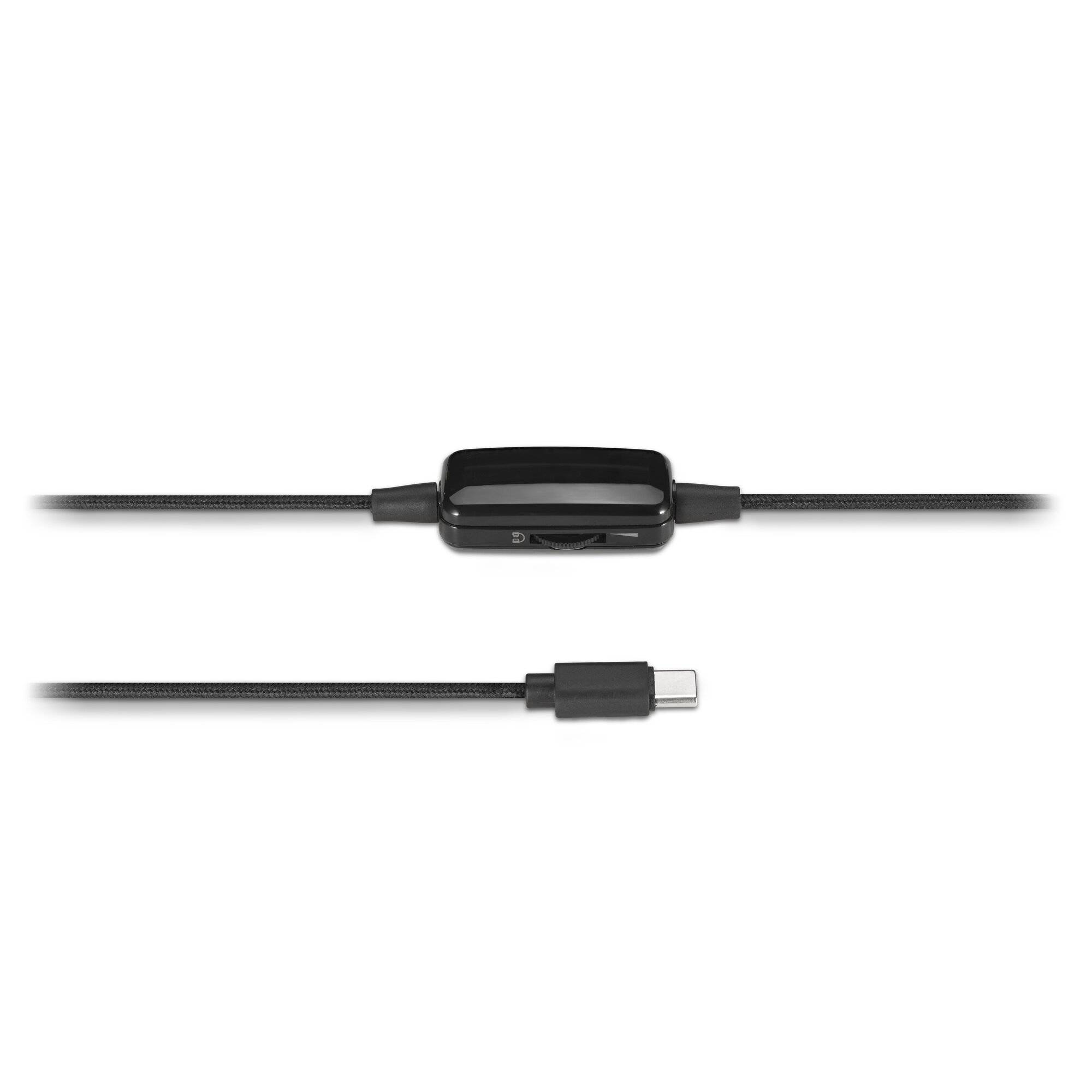 Schwarzer Inline-Schalter auf einem Kabel mit einem separaten USB-C-Anschluss darunter.