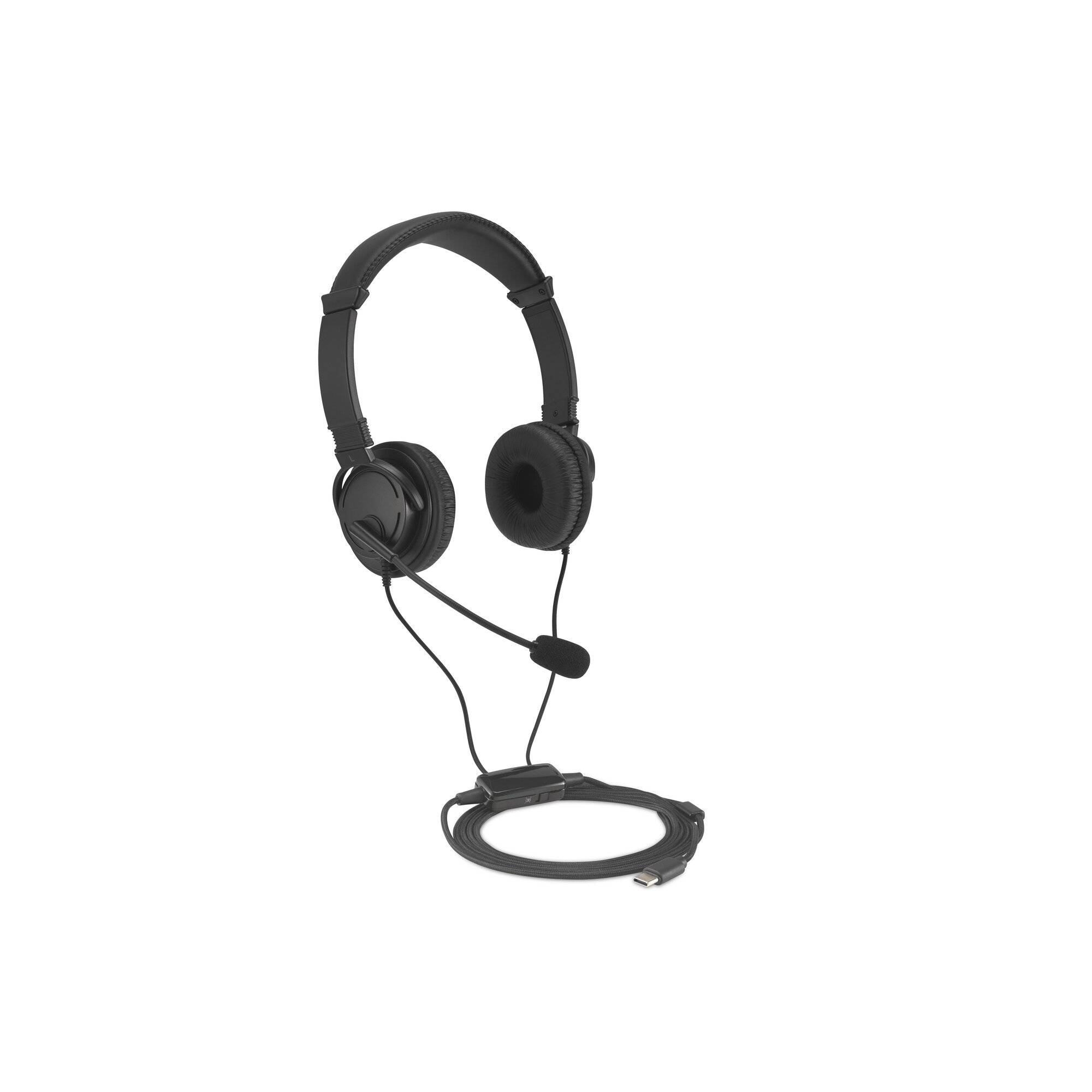 Schwarzer Over-Ear-Kopfhörer mit Boom-Mikrofon und Spiralkabel auf weißem Hintergrund.