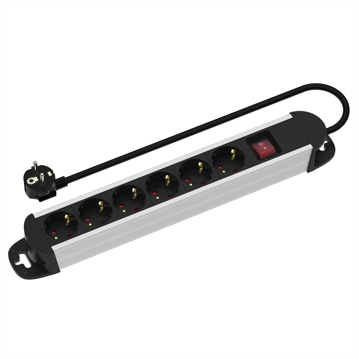 Ein sechsfacher Steckdosenleiste mit einem schwarzen Kabel und einem Ein-/Aus-Schalter, entwickelt für elektrische Geräte, vor einem einfarbigen Hintergrund dargestellt.