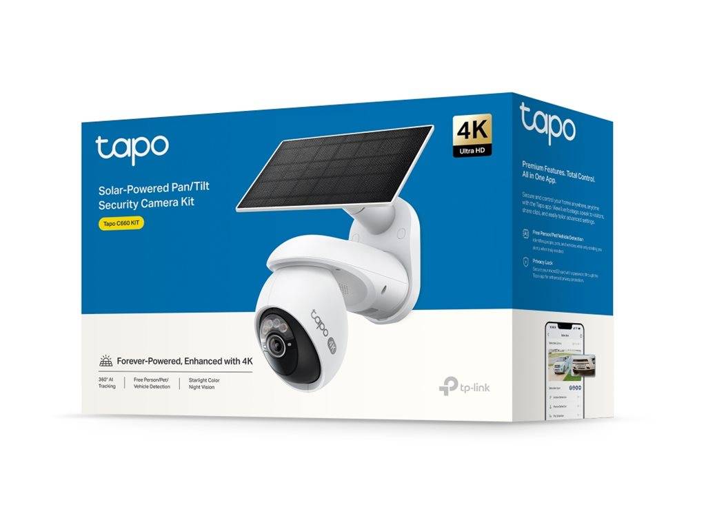 Produktbox für eine Tapo solarbetriebene Schwenk-/Neigungssicherheitskamera mit einem 4K Ultra HD-Etikett und Smartphone-App-Vorschau.