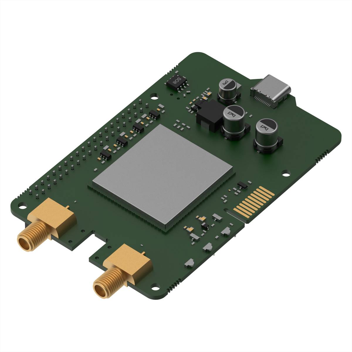 Grüne elektronische Leiterplatte mit großem zentralem Chip, zwei goldenen Steckverbindern und mehreren kleinen Komponenten auf weißem Hintergrund.