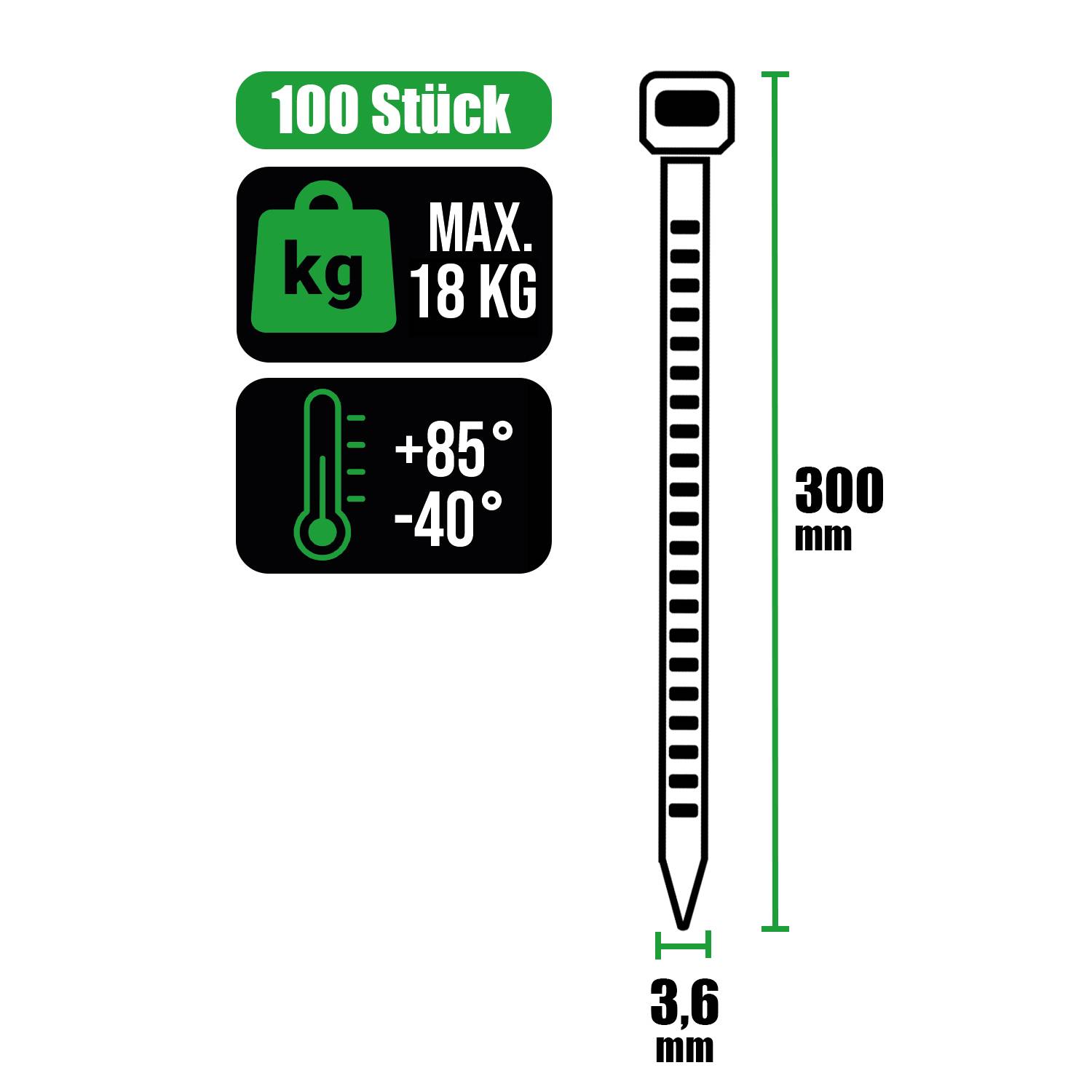 100 Stück Kabelbinder, 300 mm lang, 3,6 mm breit, max. Belastung 18 kg, Temperaturbereich -40 bis +85°C.