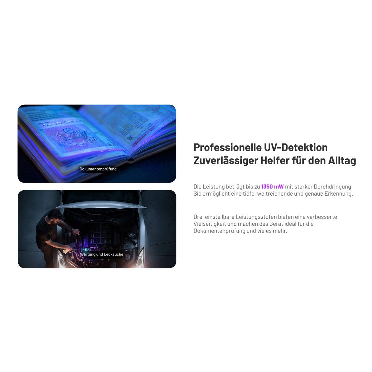 UV-Erkennungswerkzeuge für den täglichen Gebrauch werden in zwei Bildern dargestellt: Ein Bild hebt die Dokumentenüberprüfung hervor, das andere zeigt die Inspektion von Fahrzeugteilen.