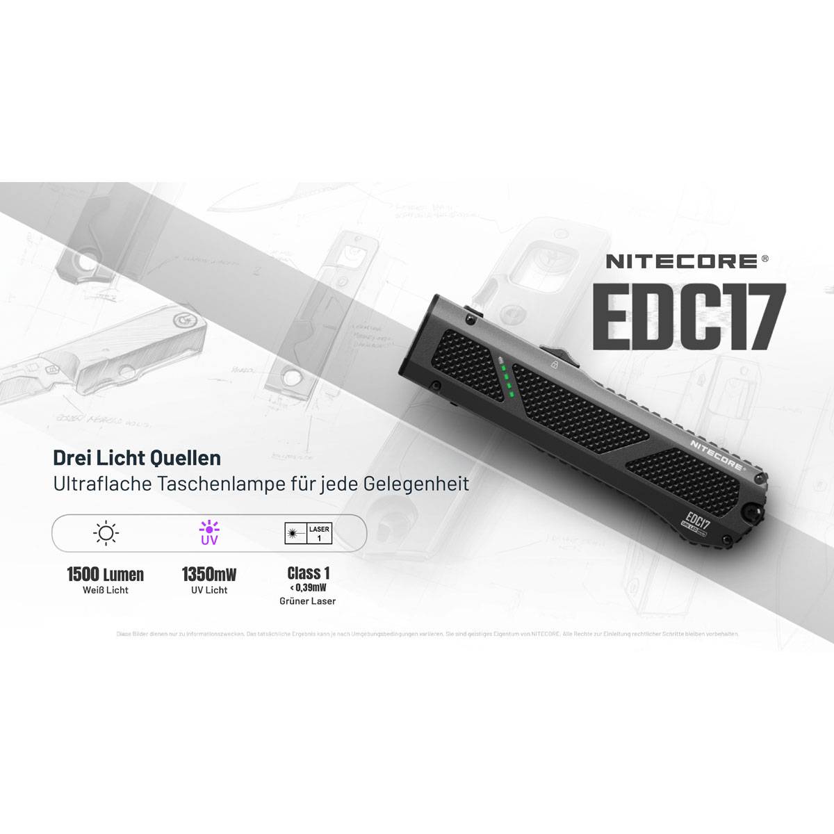Nitecore EDC17 LED Taschenlampe 1500 Lumen UV und Laser - Schwarz