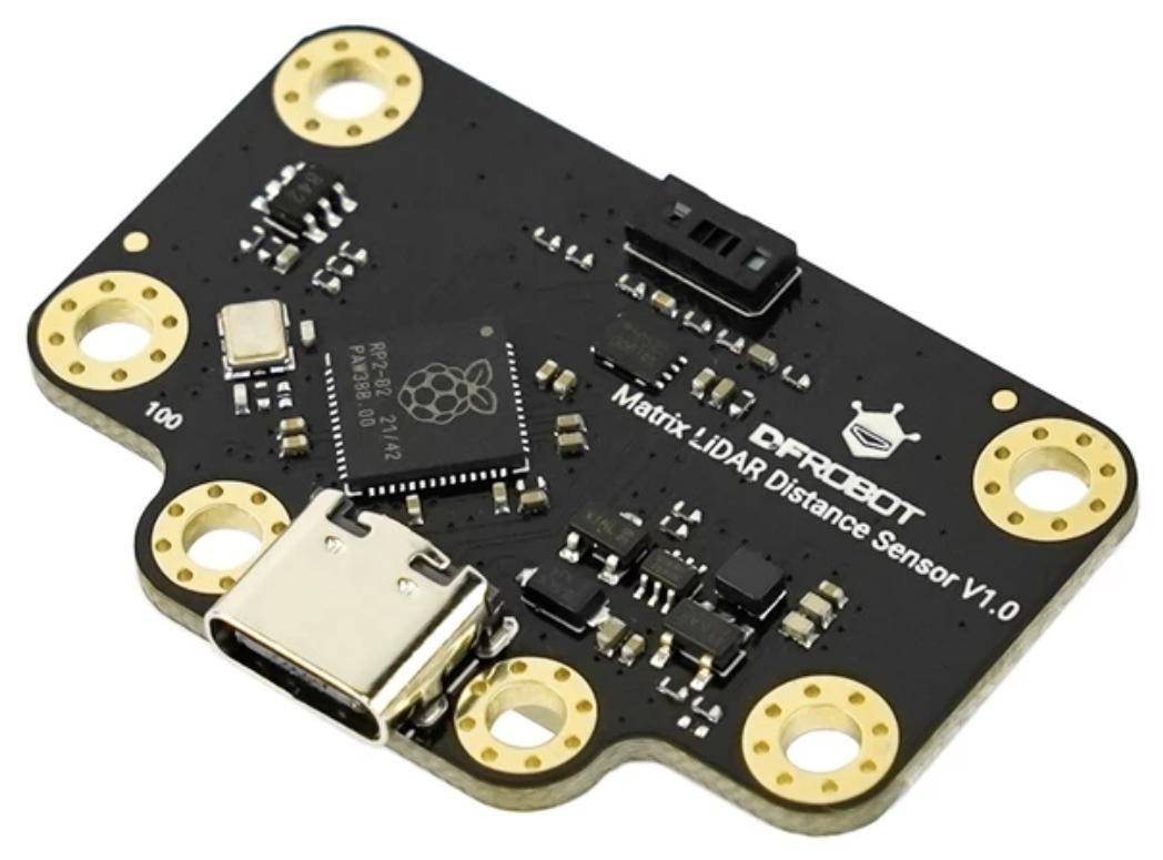 Eine schwarze Leiterplatte mit einem USB-C-Anschluss, mit der Markenbezeichnung 'DFROBOT', beschriftet als 'Matrix LiDAR Abstandssensor V1.0', mit sichtbaren elektronischen Komponenten.