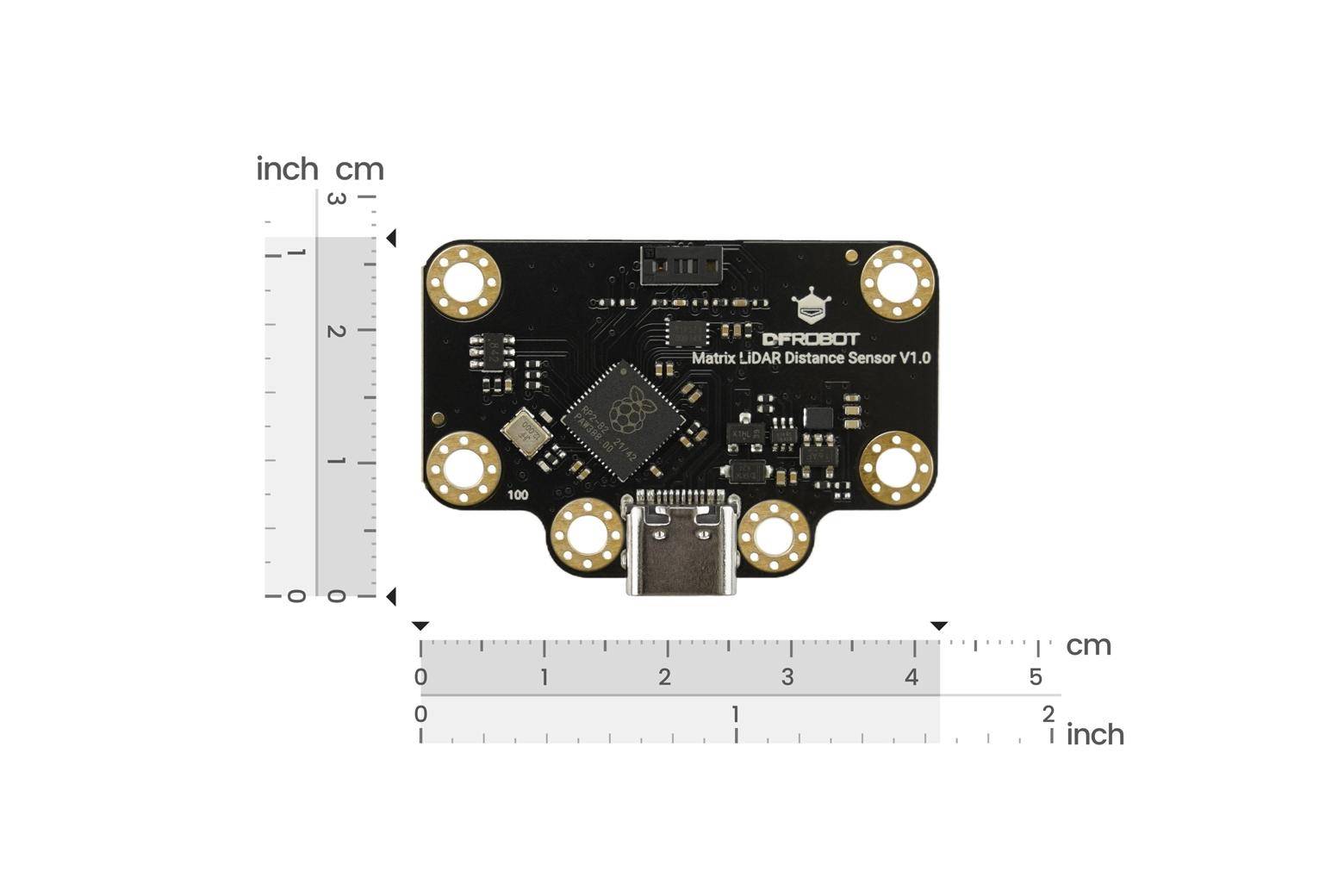 DFRobot Matrix Lidar-Entfernungssensor V1.0 mit USB-C-Anschluss, umgeben von einem Lineal, das die Abmessungen in Zoll und Zentimetern zeigt.