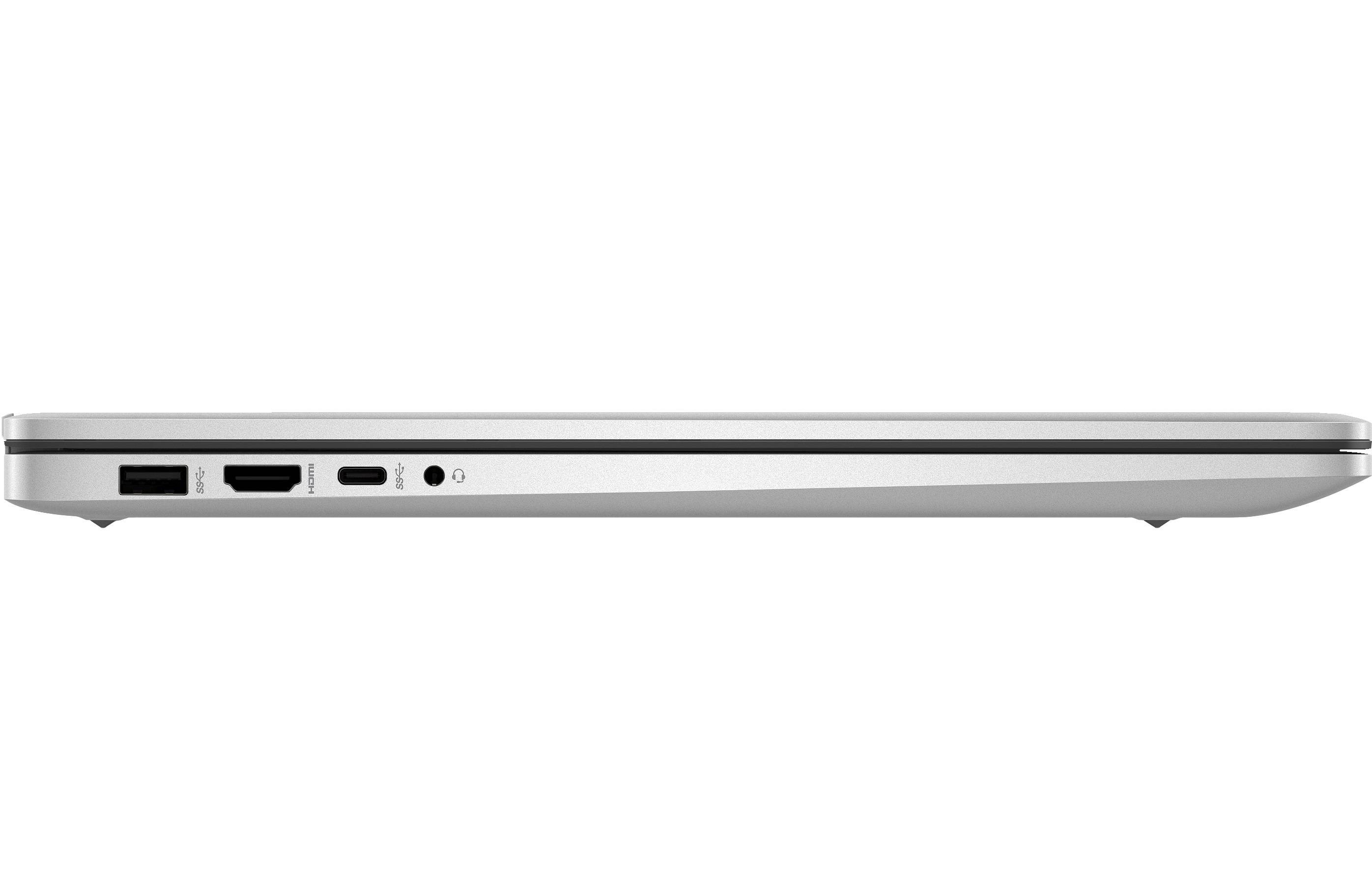 Seitenansicht eines schlanken silbernen Laptops mit zwei USB-Anschlüssen und einem Kopfhörerbuchse.