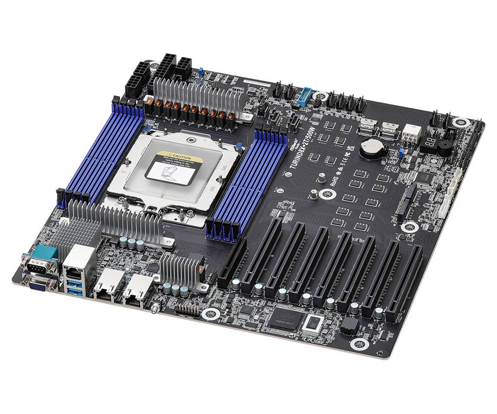 Serverplatine mit mehreren RAM-Steckplätzen, PCIe-Steckplätzen und USB-Anschlüssen, entwickelt für Hochleistungsrechnen und Konnektivität.