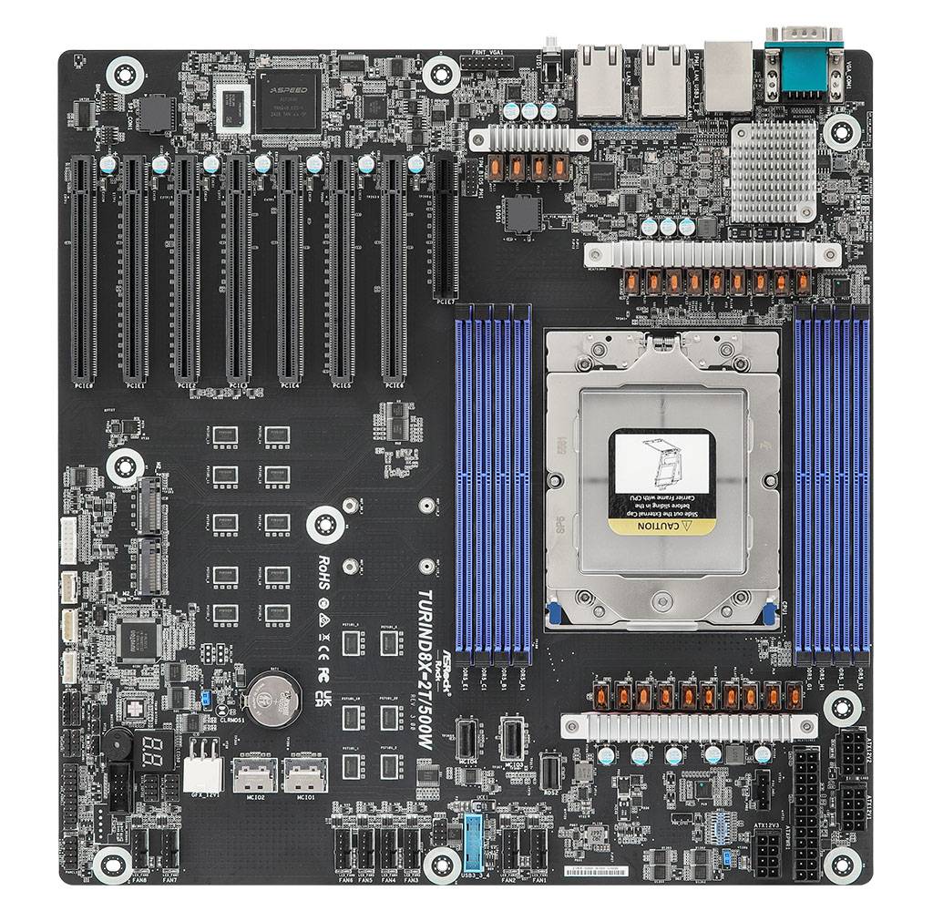 Eine Computermotherboard mit verschiedenen Steckplätzen, Anschlüssen und einer zentralen CPU-Buchse, die mit 