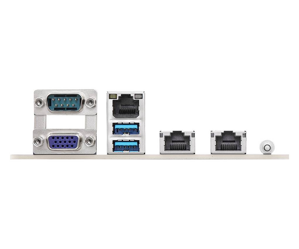 Ein Computer-Rückpanel mit Anschlüssen: zwei VGA-Ports, zwei USB-Anschlüsse, drei Ethernet-Ports und einen Audioeingang.