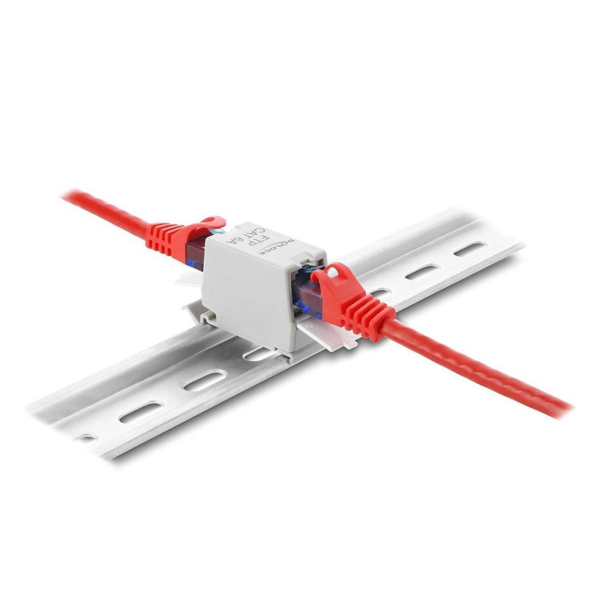 Delock RJ45 Kupplung Cat.6A Buchse zu Buchse mit Staubschutzklappe für Hutschien