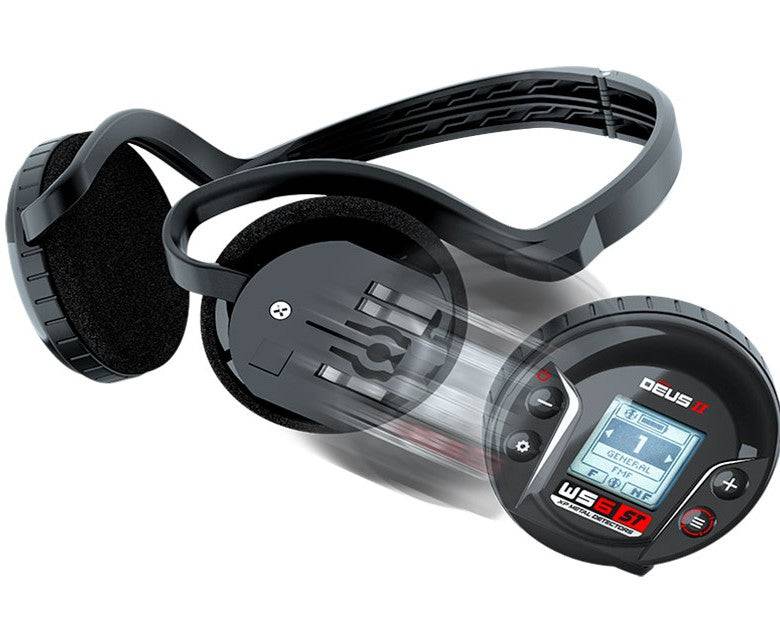 Kopfhörer mit digitalem Display, das Einstellungen und Tasten zeigt, schwarzes Design, mit der Markenbezeichnung DEUS WS6.